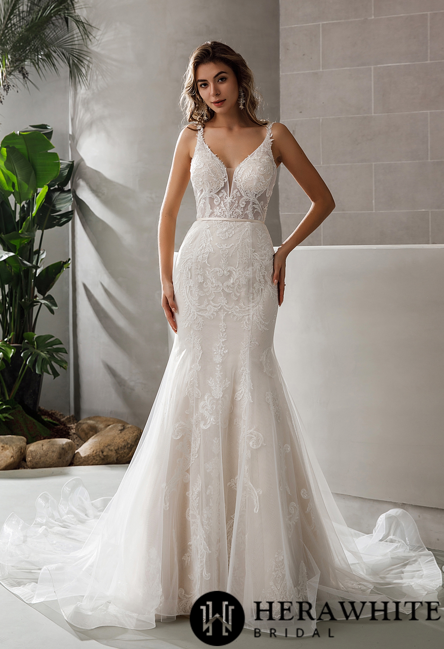 Geometric Lace Fit and Flare V Neck Chapel Train Wedding Dress
