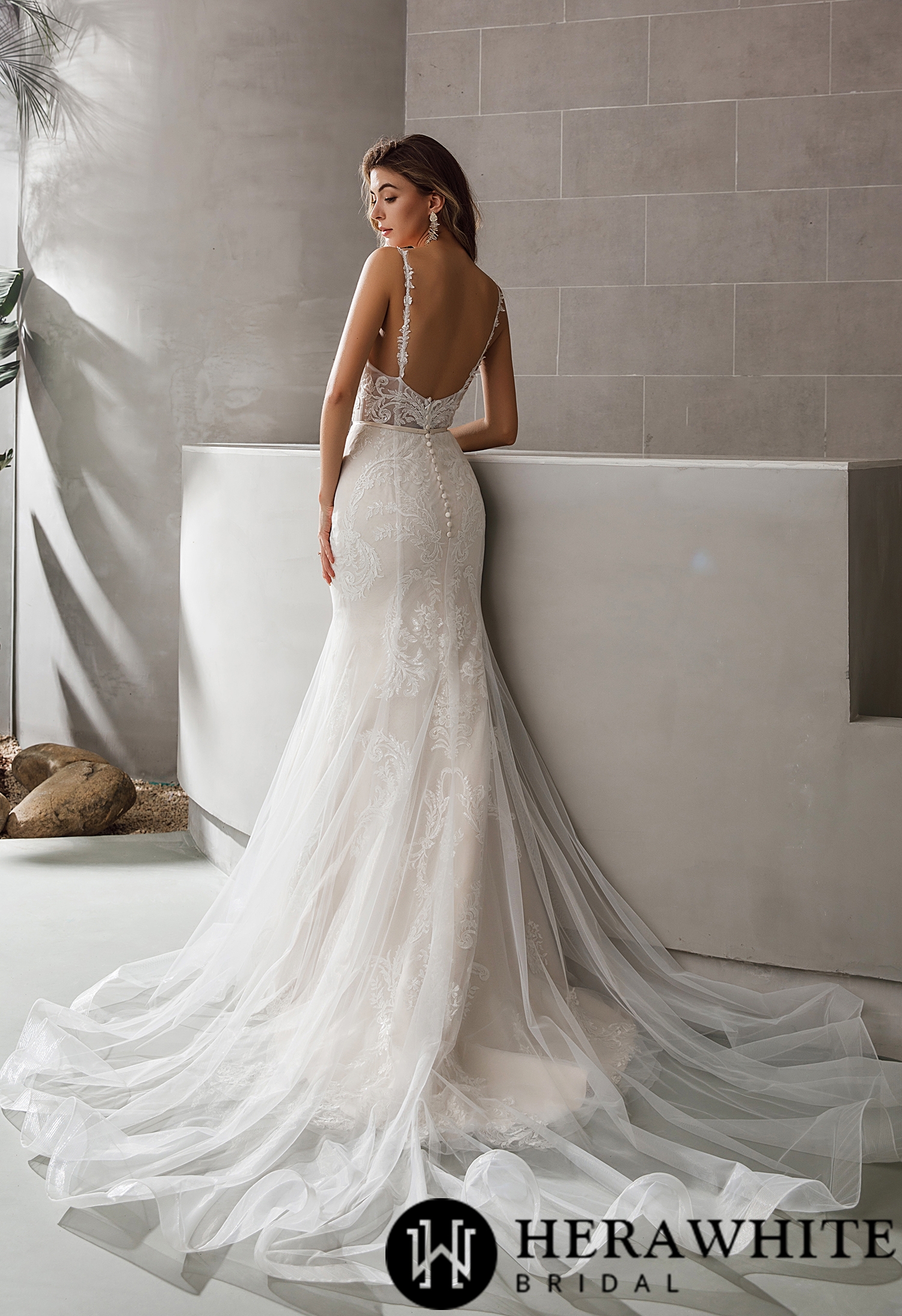 Geometric Lace Fit and Flare V Neck Chapel Train Wedding Dress