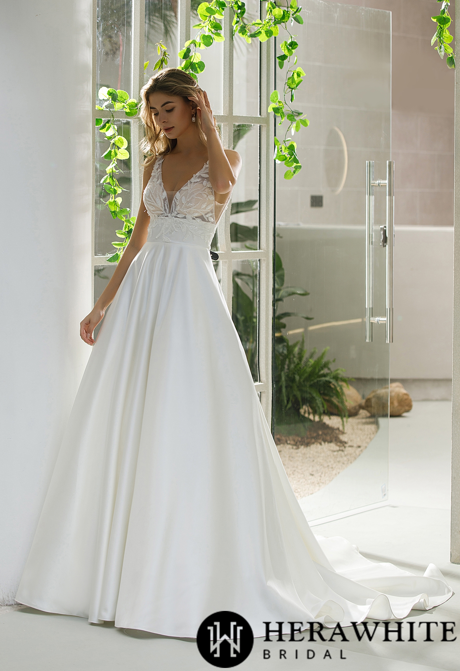 Illusion Bodice Satin A-line Pockets Wedding Dress