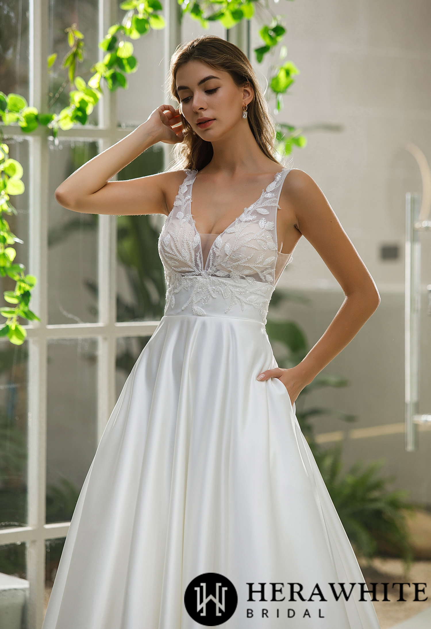 Illusion Bodice Satin A-line Pockets Wedding Dress