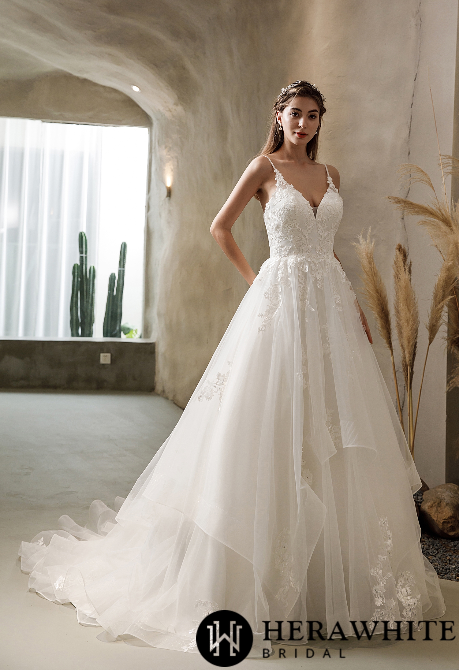 Ethereal Floral Lace Tiered Tulle Wedding Dress