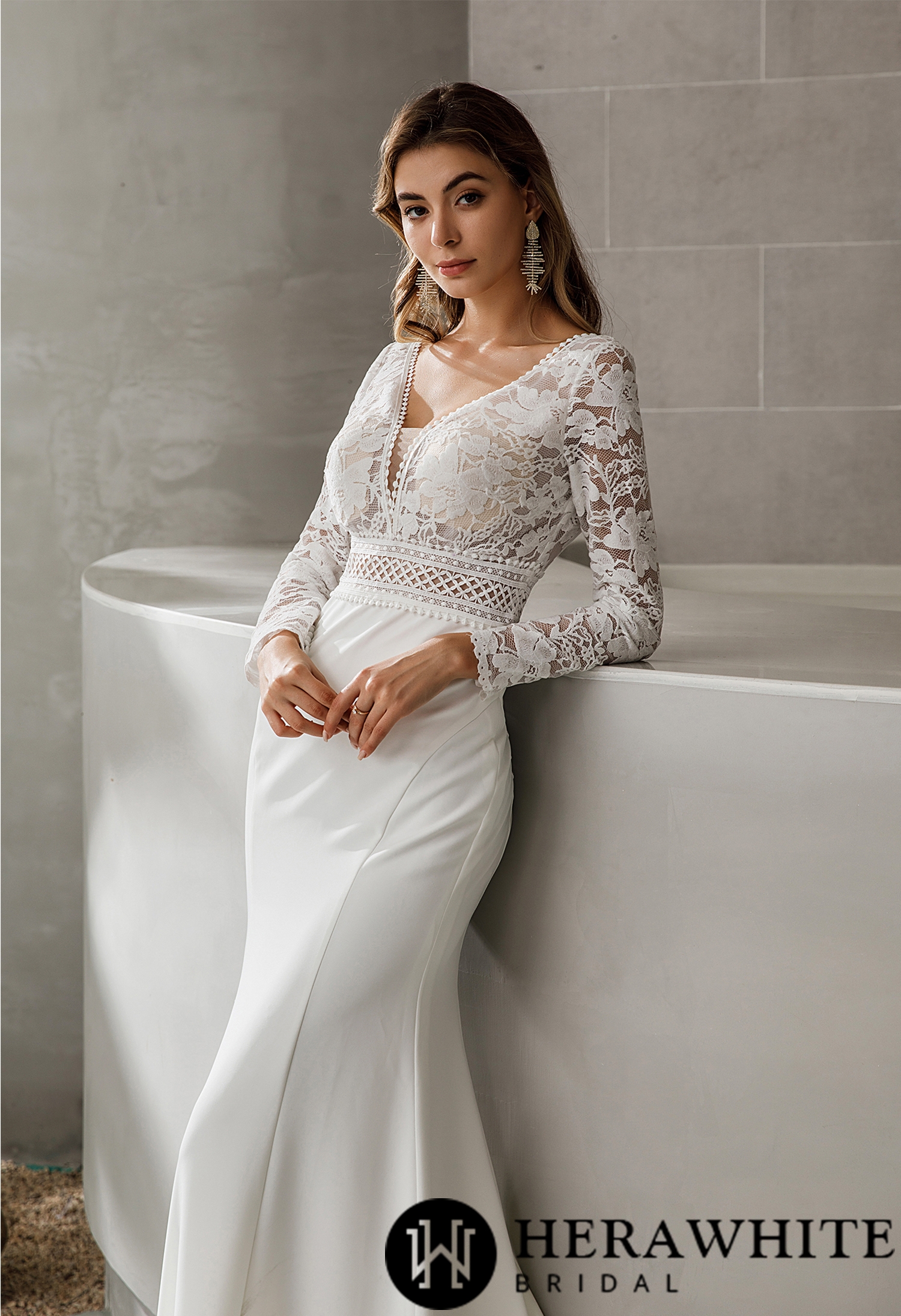 Simple Long Sleeve Plunging V-neck Boho Wedding Dress