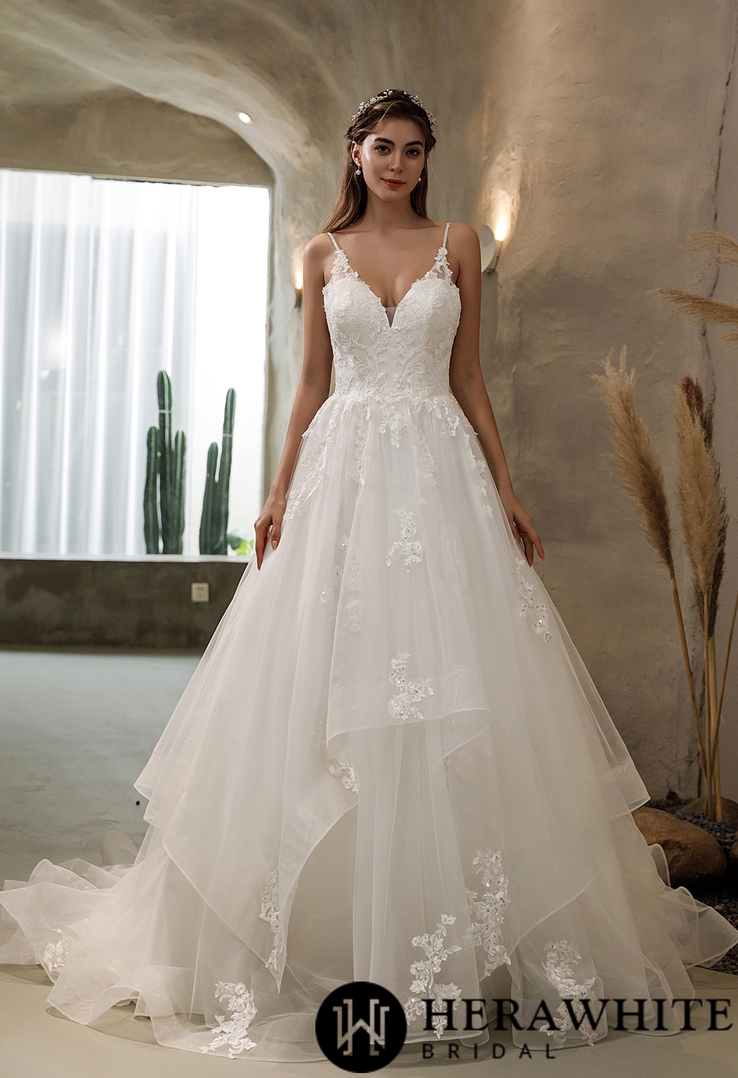 Ethereal Floral Lace Tiered Tulle Wedding Dress