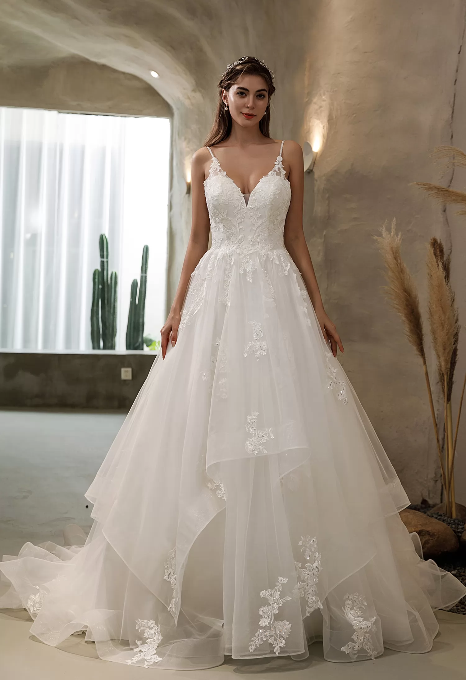long sleeve lace and chiffon wedding dress V-Neck Long Sleeves Backless Ivory Chiffon Wedding Dress with Lace US12 / Custom Color main image 0