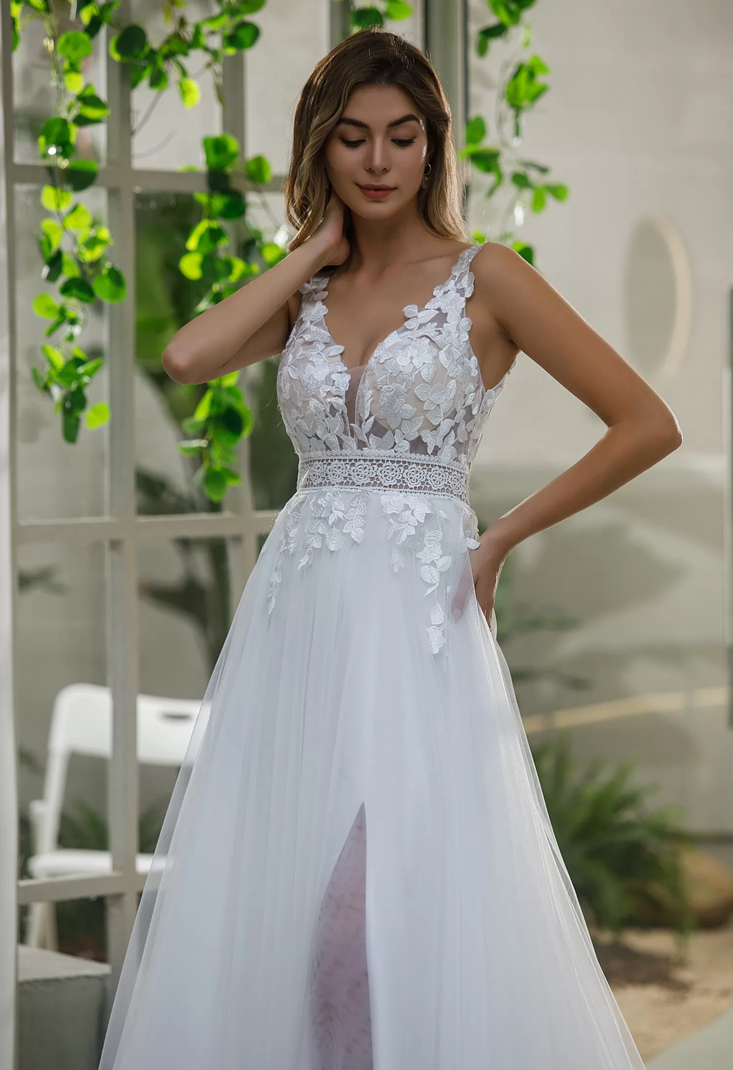 Inspired Lace A-line Wedding Dress With Slit Tulle Skirt