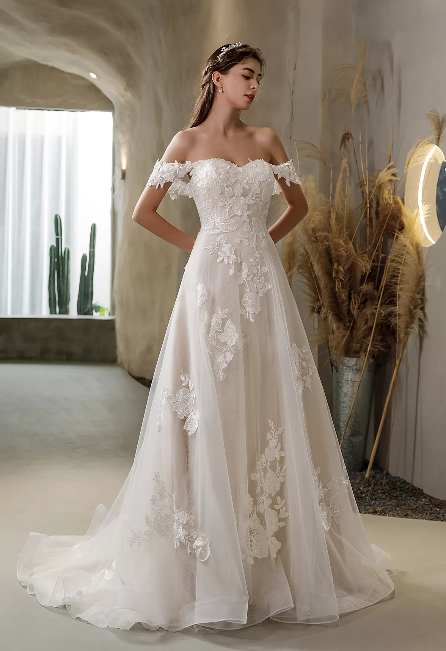 Hera White AC Floral Lace Wedding Dress with Detachable Off-The-Shoulder Straps 2 / Ivory