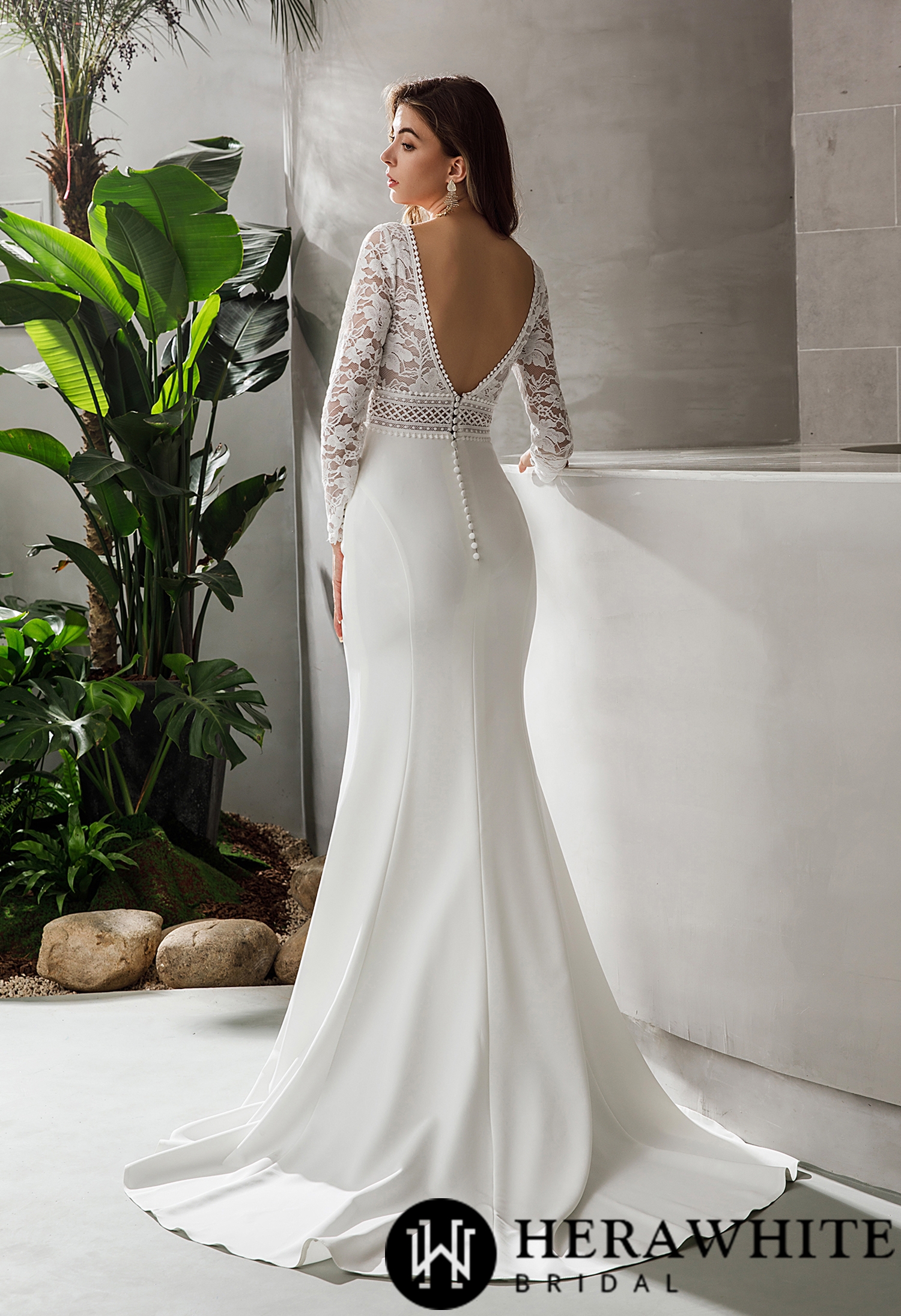 Simple Long Sleeve Plunging V-neck Boho Wedding Dress
