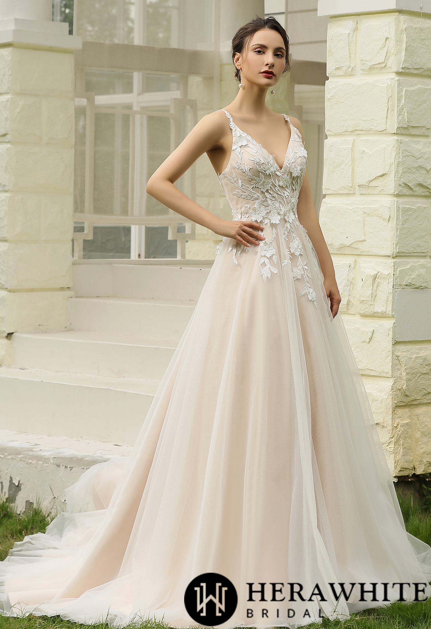 In Stock/ Princess Ballgown with Floral Lace Straps