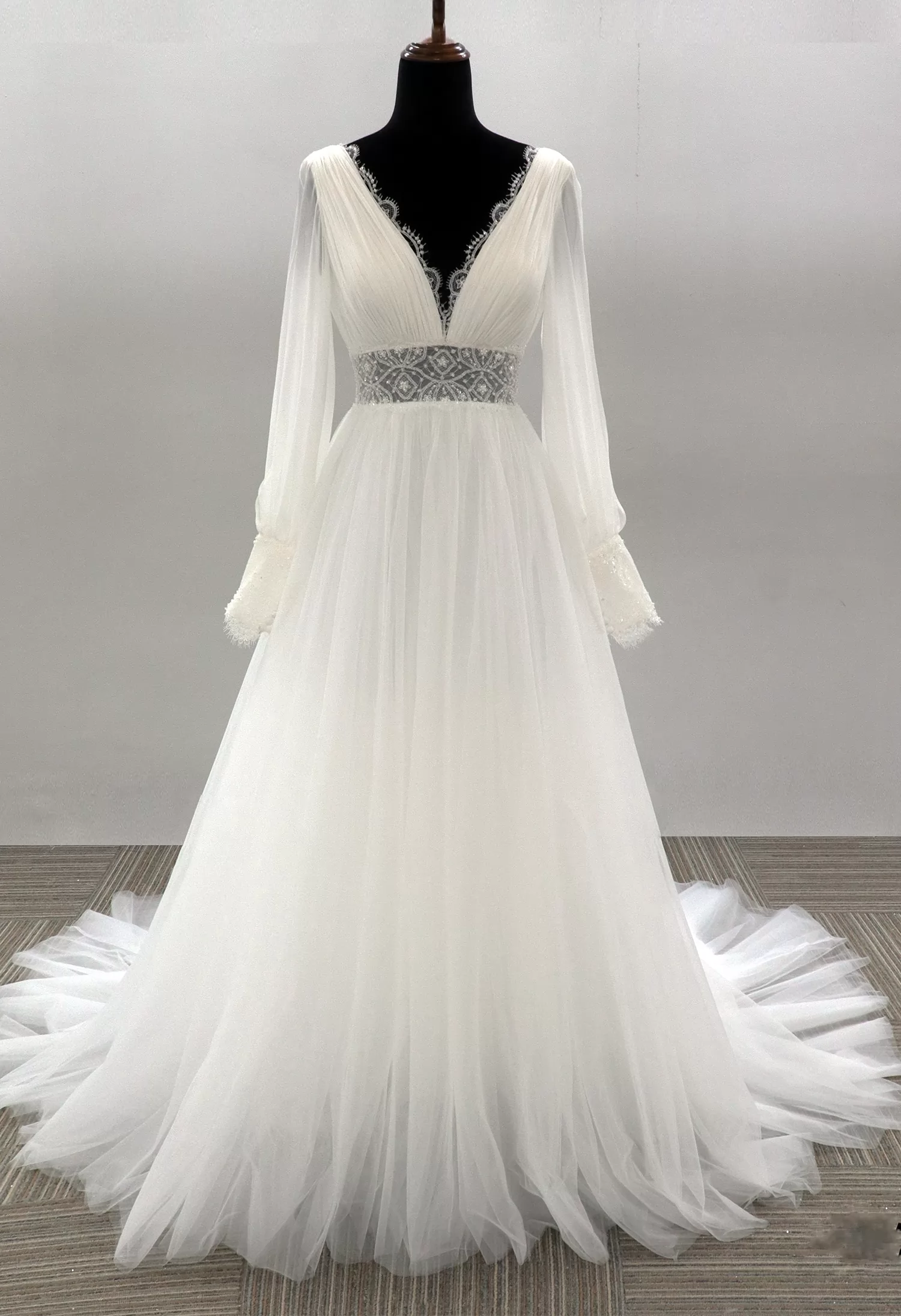 Plunging V-neck Long Sleeves Tulle Wedding Gown