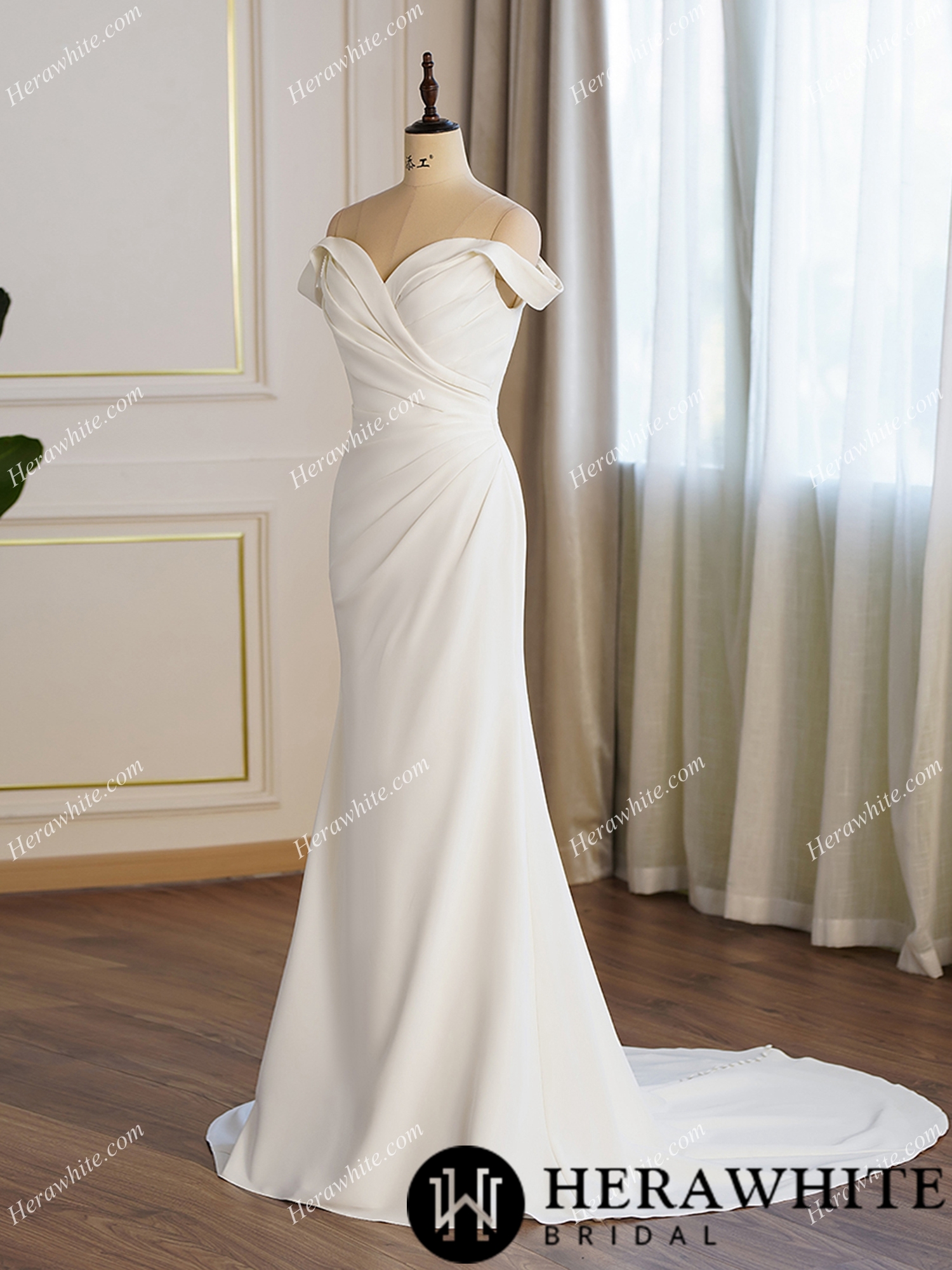 Crepe Off-the-shoulder Pleated Fit And Flare Bridal Gown