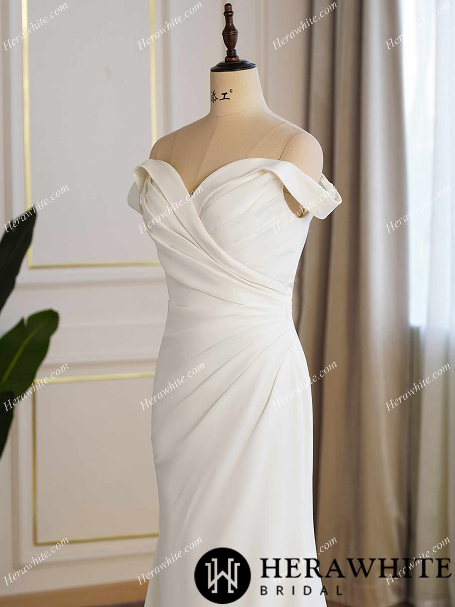 Crepe Off-the-shoulder Pleated Fit And Flare Bridal Gown