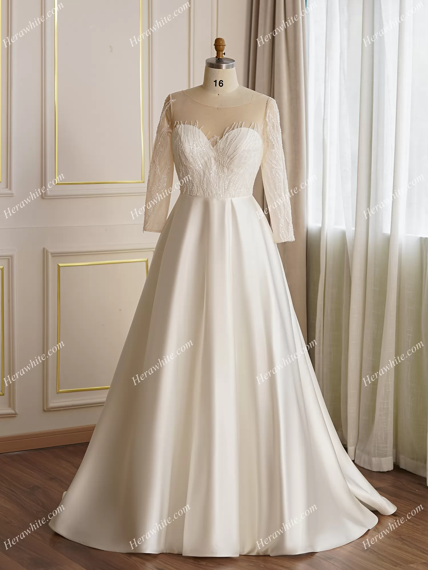 Herafa long sleeve satin evening gown with beading and outlet jewels