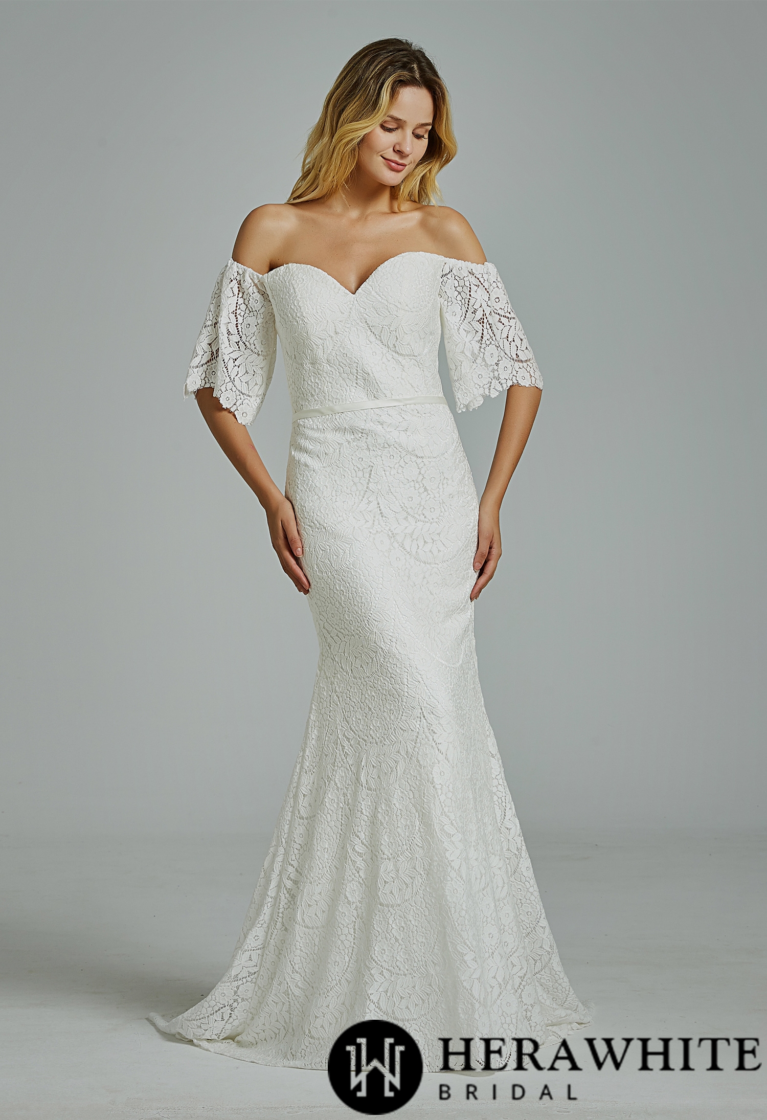 In Stock/ Floral Lace Off-the-shoulder  Sheath Wedding Dress