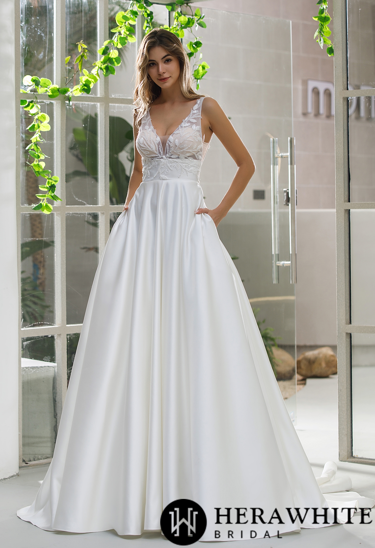 In Stock/ Illusion Bodice Satin A-line Bridal Gown With Pockets