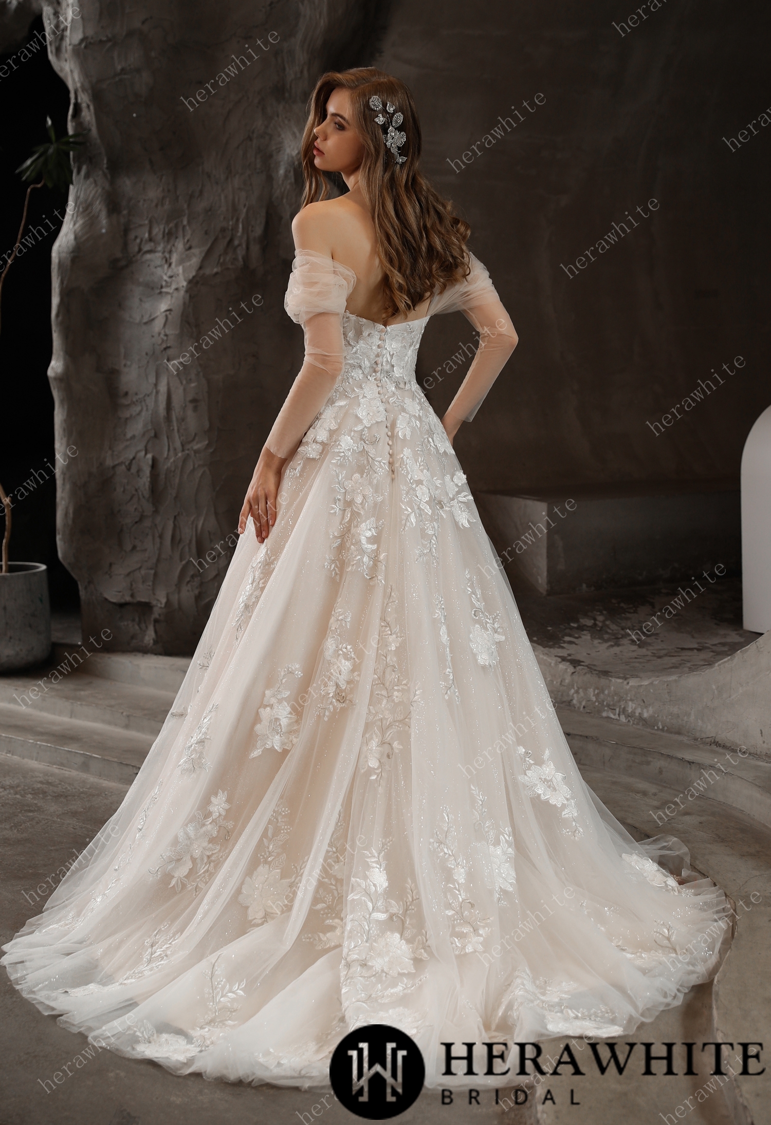 Off-the-Shoulder Romantic Ballgown Glamorous Floral Motifs Wedding Dress