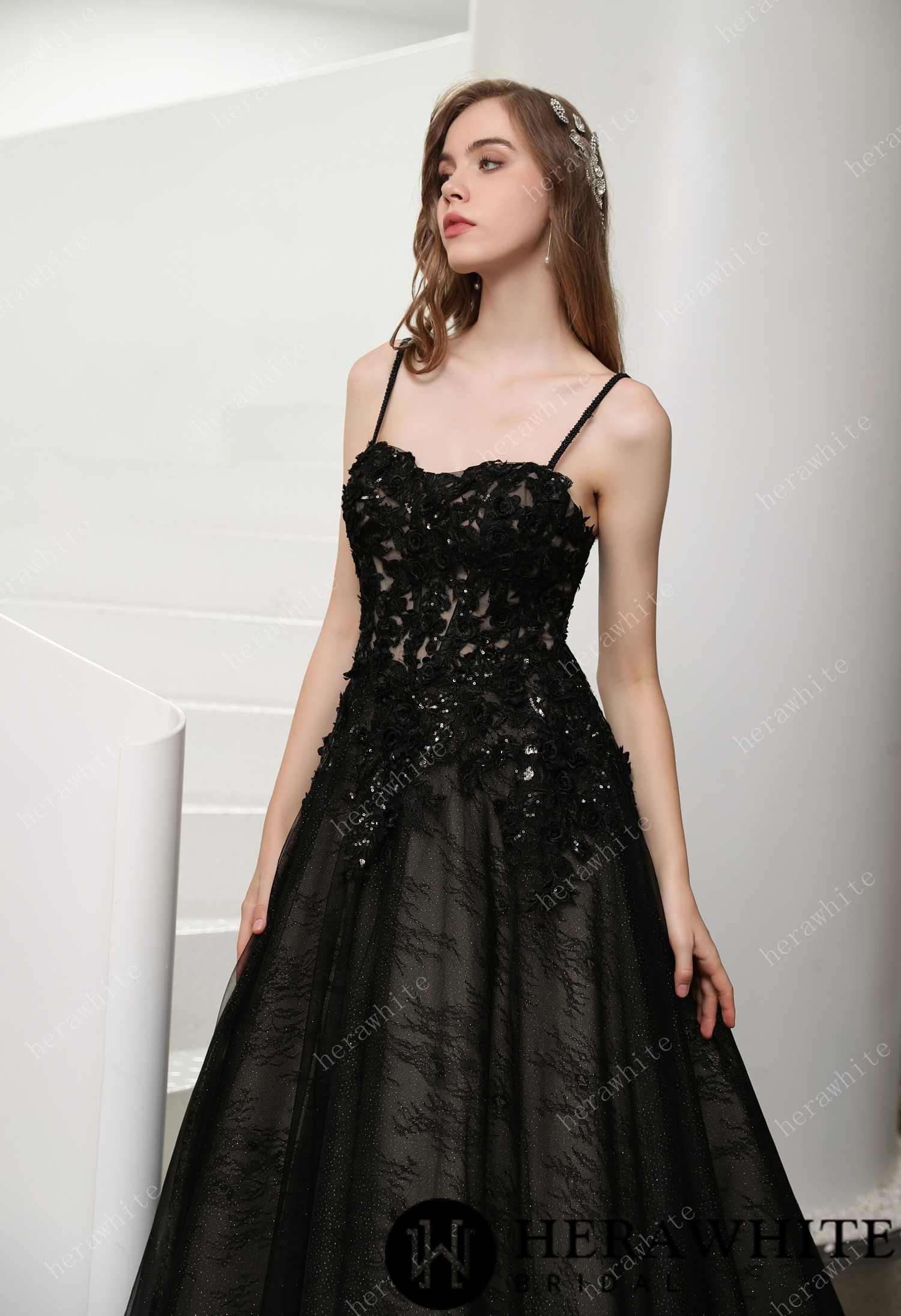 Black Illusion Lace Detachable Long Sleeves Wedding Dress