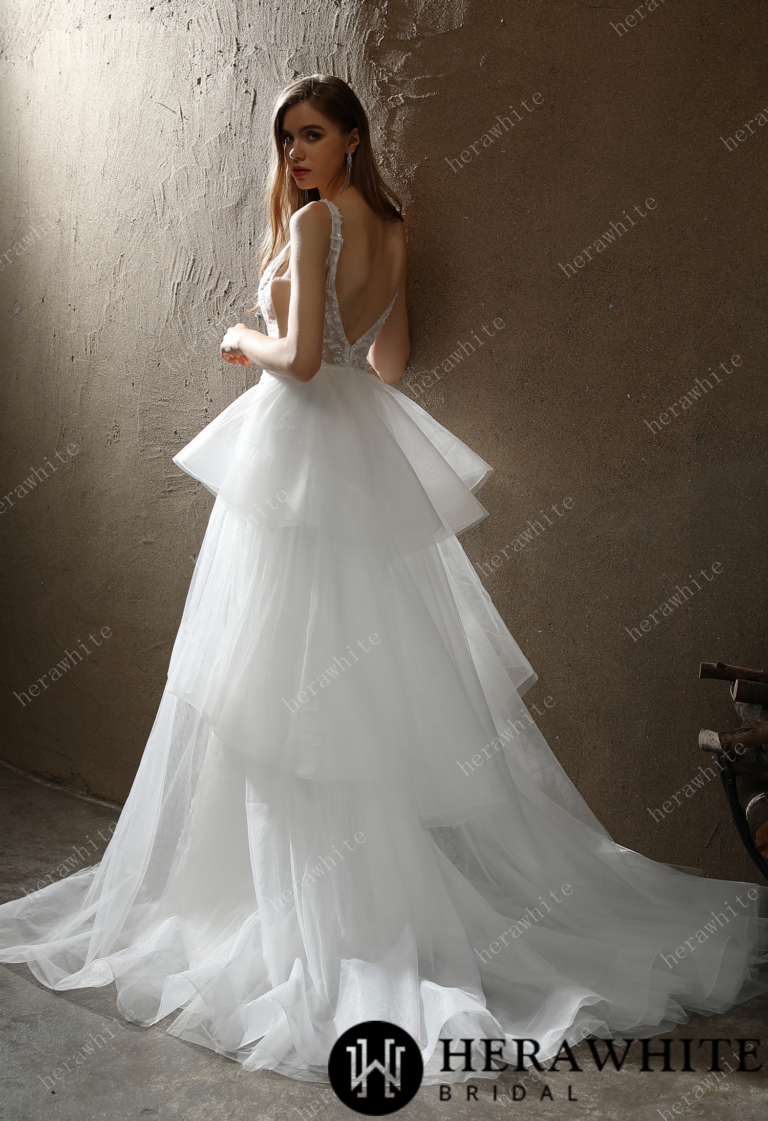 Allover Beaded Sheath Sequins  V Neck Wedding Dress With Overskirt