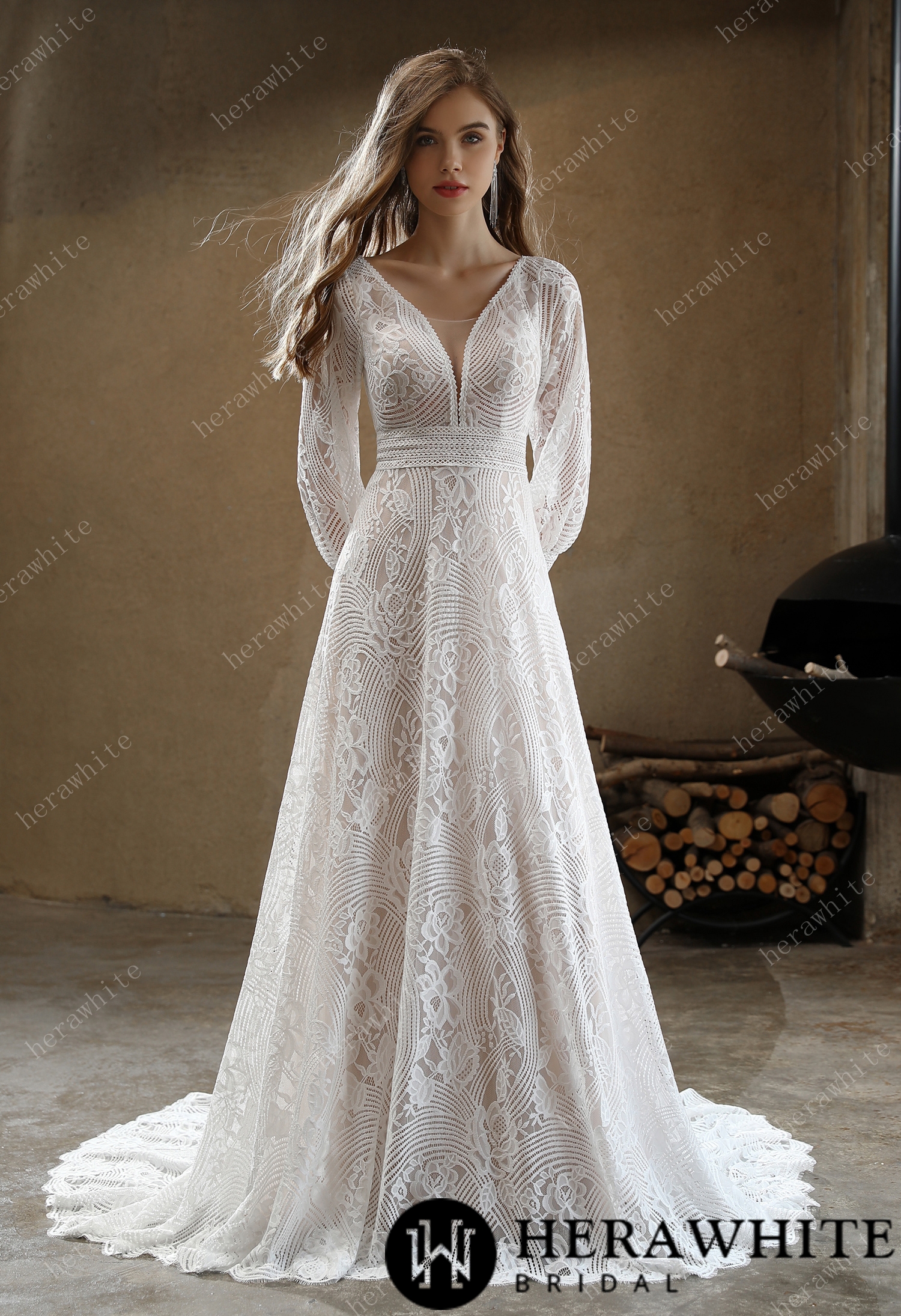 Unique Plunging V-neck Lace Bohemian wedding Dress