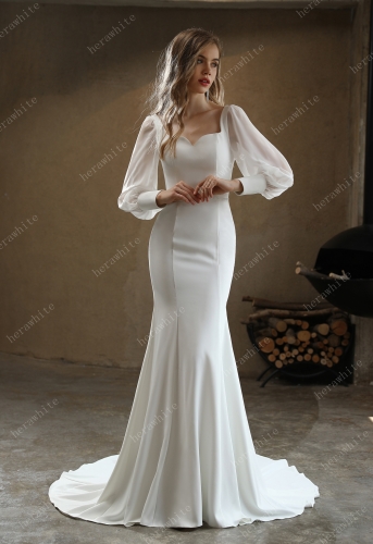 Classic Fit and Flare Wedding Gown with Puff Chiffon Sleeves
