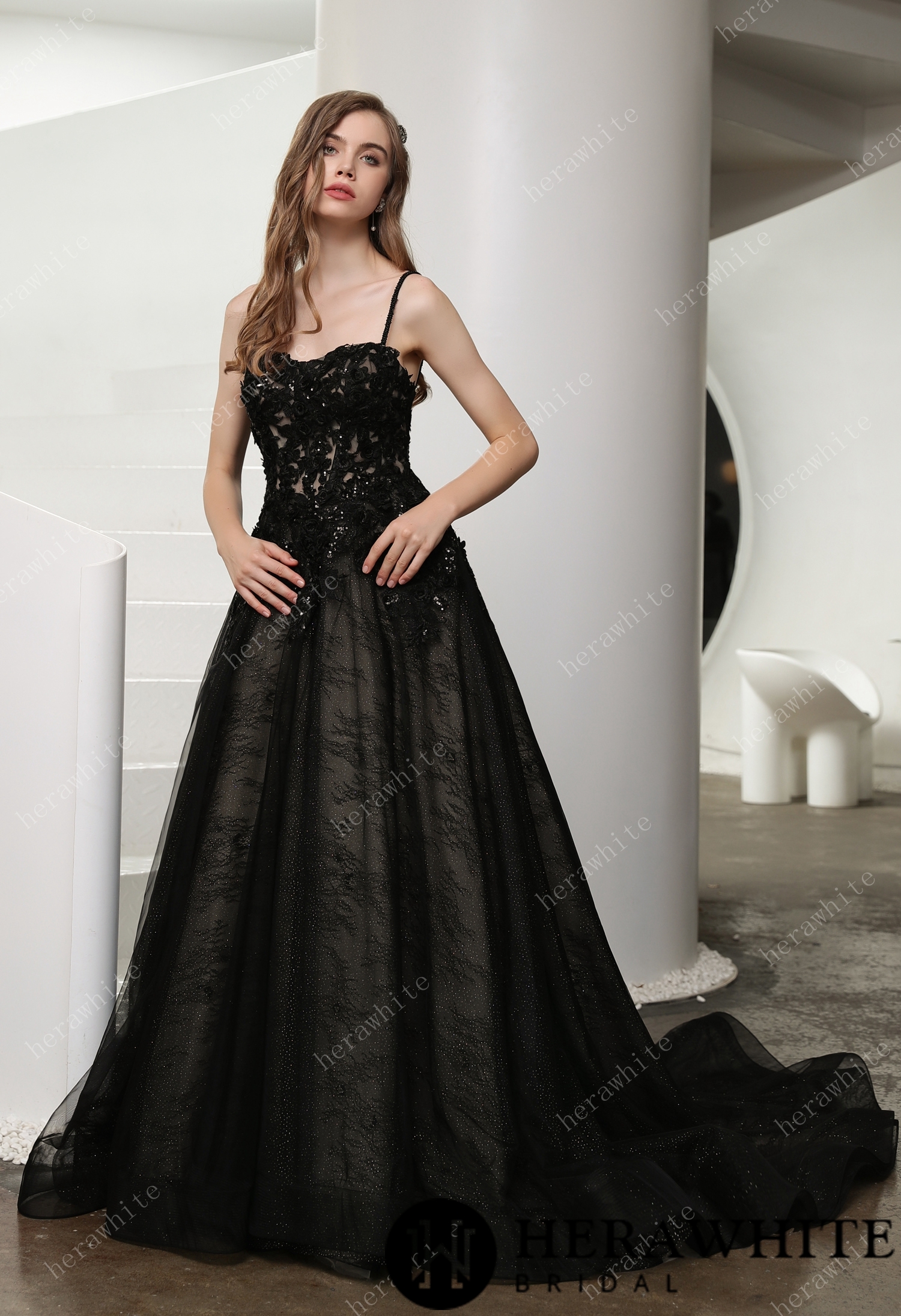 Black Illusion Lace Detachable Long Sleeves Wedding Dress