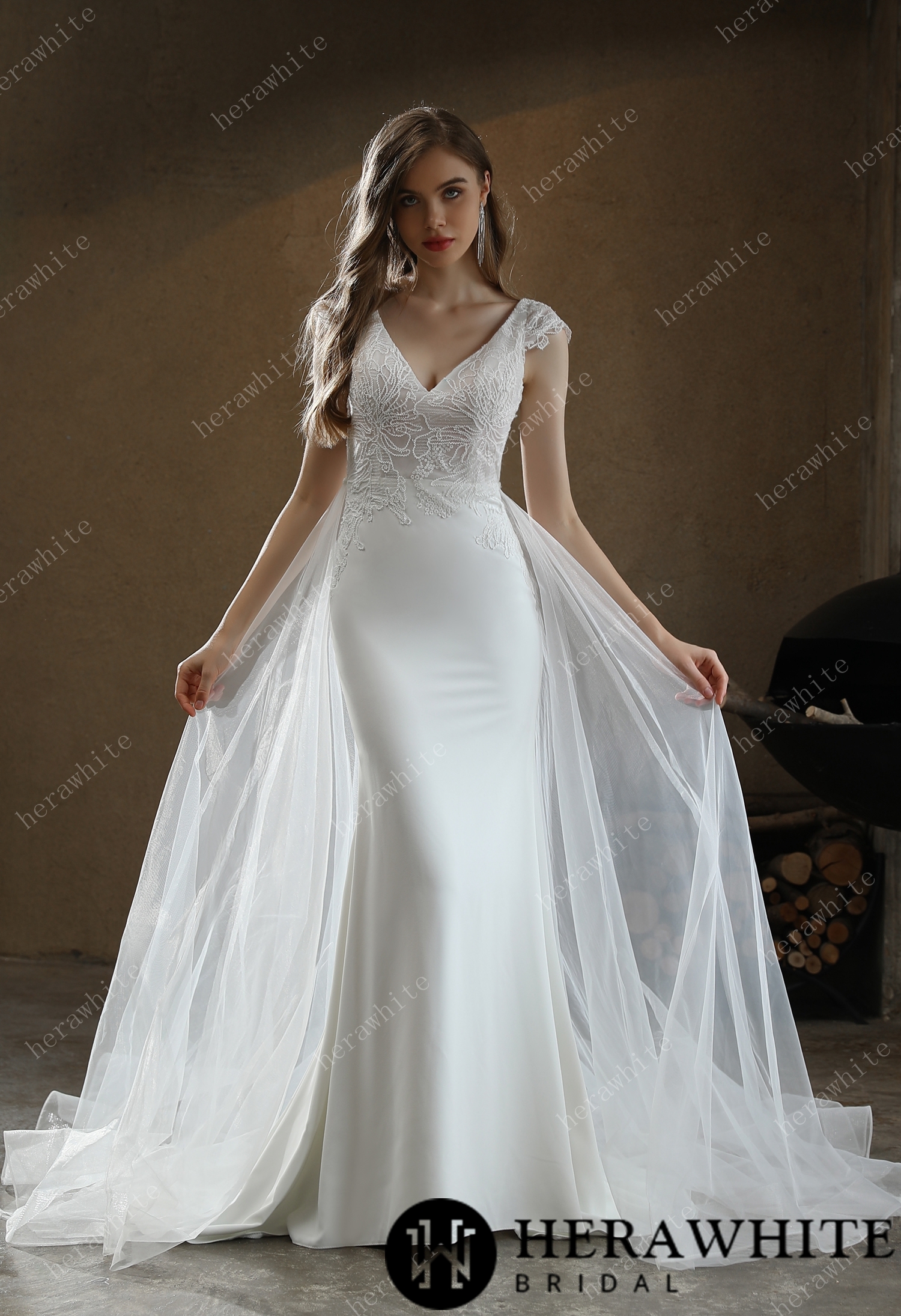 Crepe Sheath Lace Cap Sleeves Wedding Dress With Overskirt