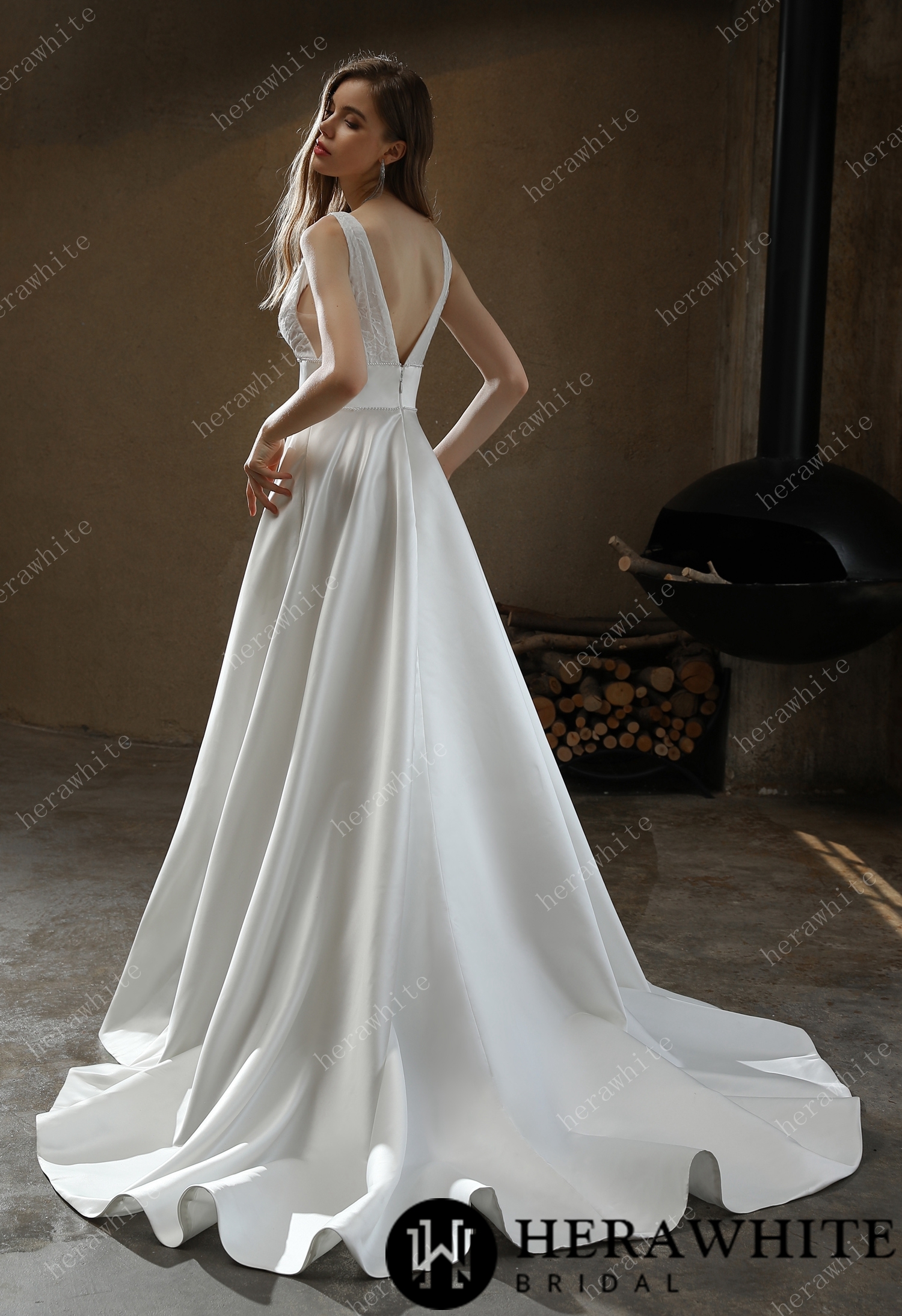 Ethereal Plunging Neckline A Line Satin Brush Train Wedding Dress