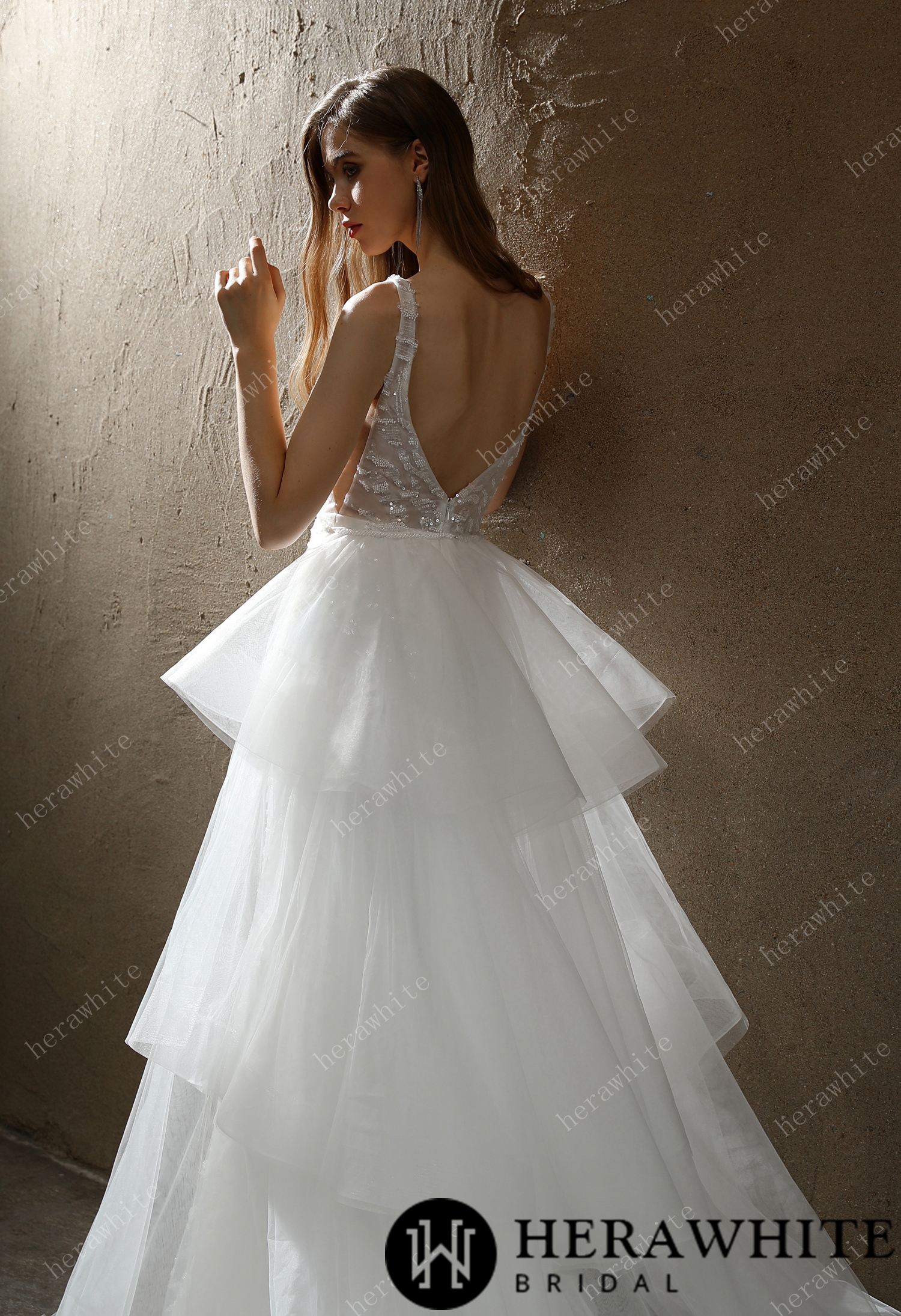 Allover Beaded Sheath Sequins  V Neck Wedding Dress With Overskirt
