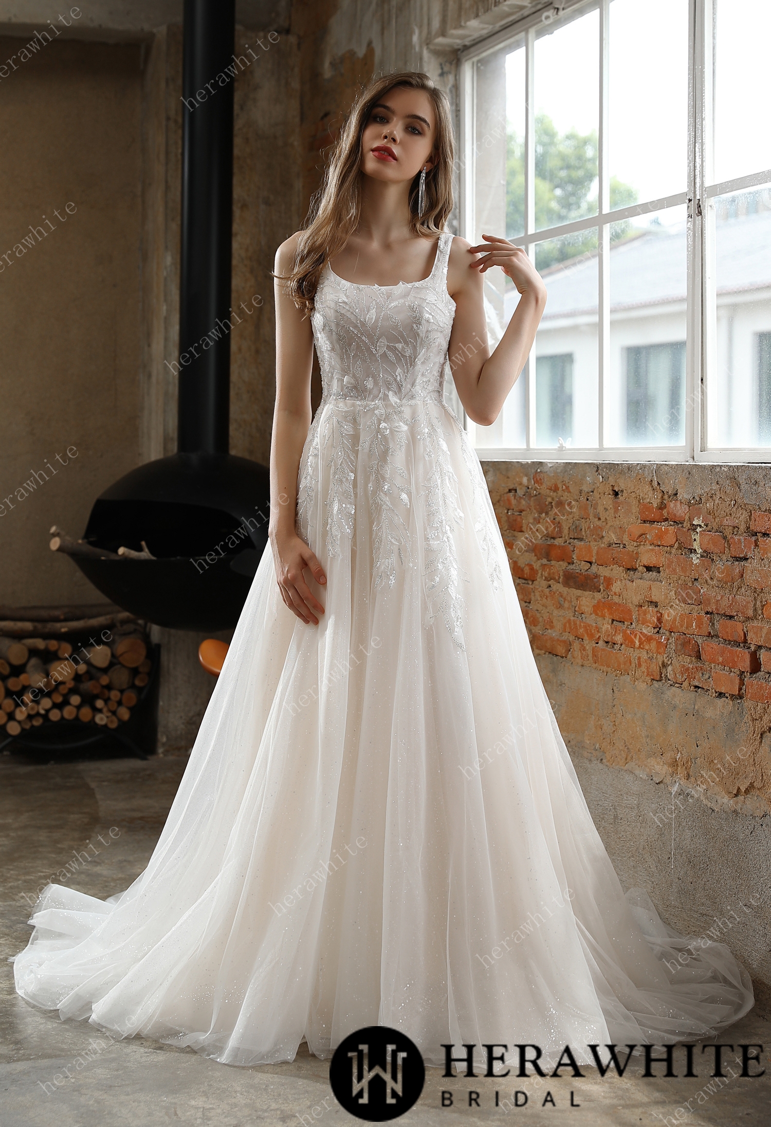 Square Neckline Delicate Leafy Lace Wedding Dress