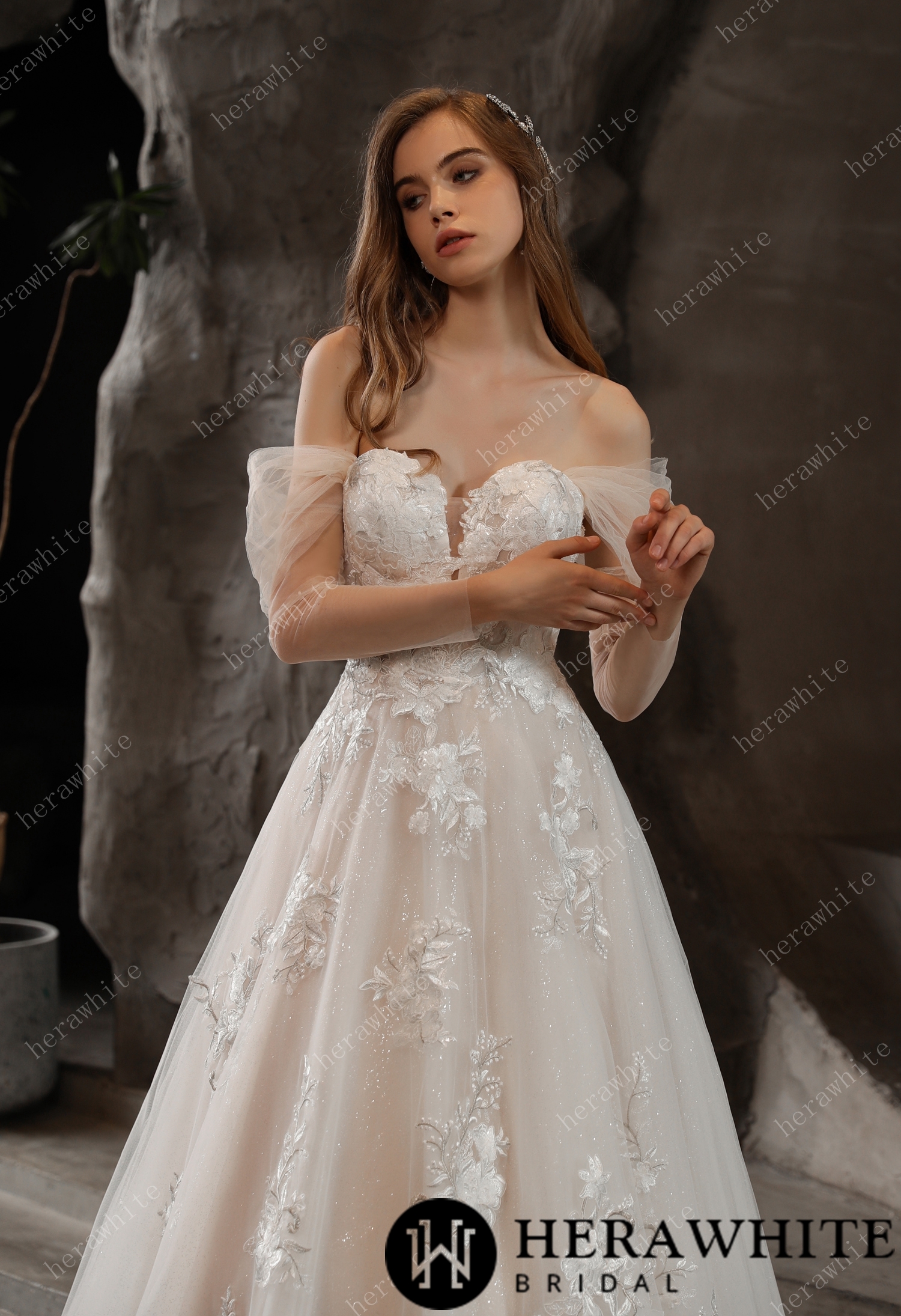 Off-the-Shoulder Romantic Ballgown Glamorous Floral Motifs Wedding Dress
