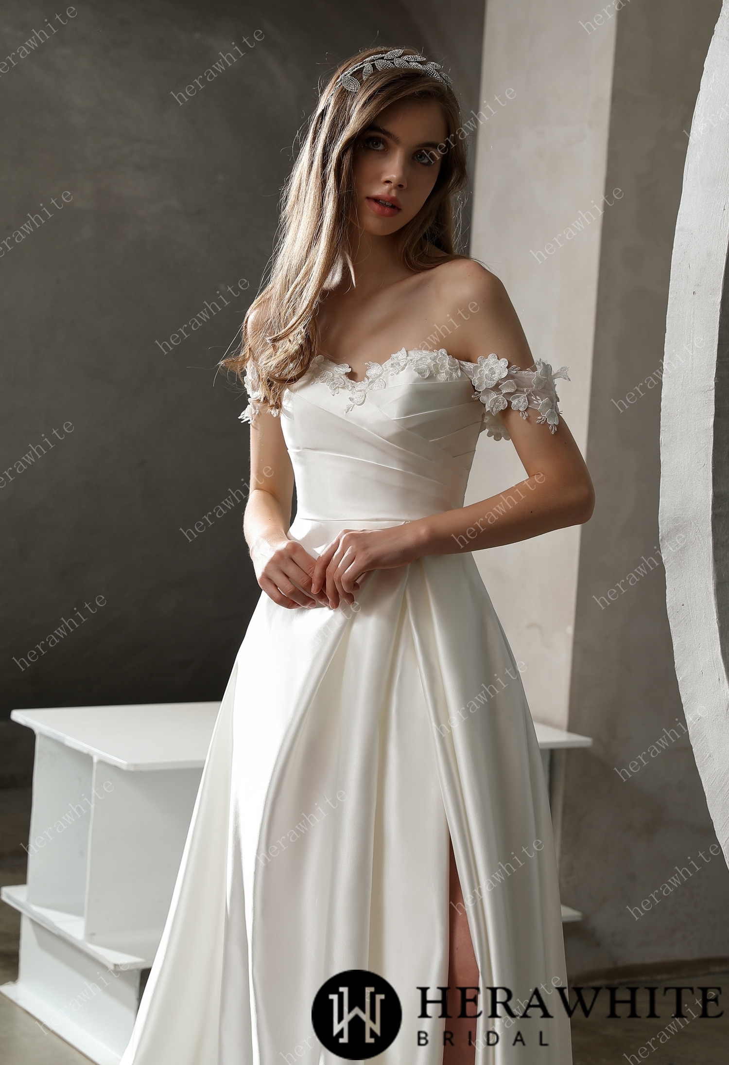 Satin Off-the-shoulder A-line Slit Wedding Dress