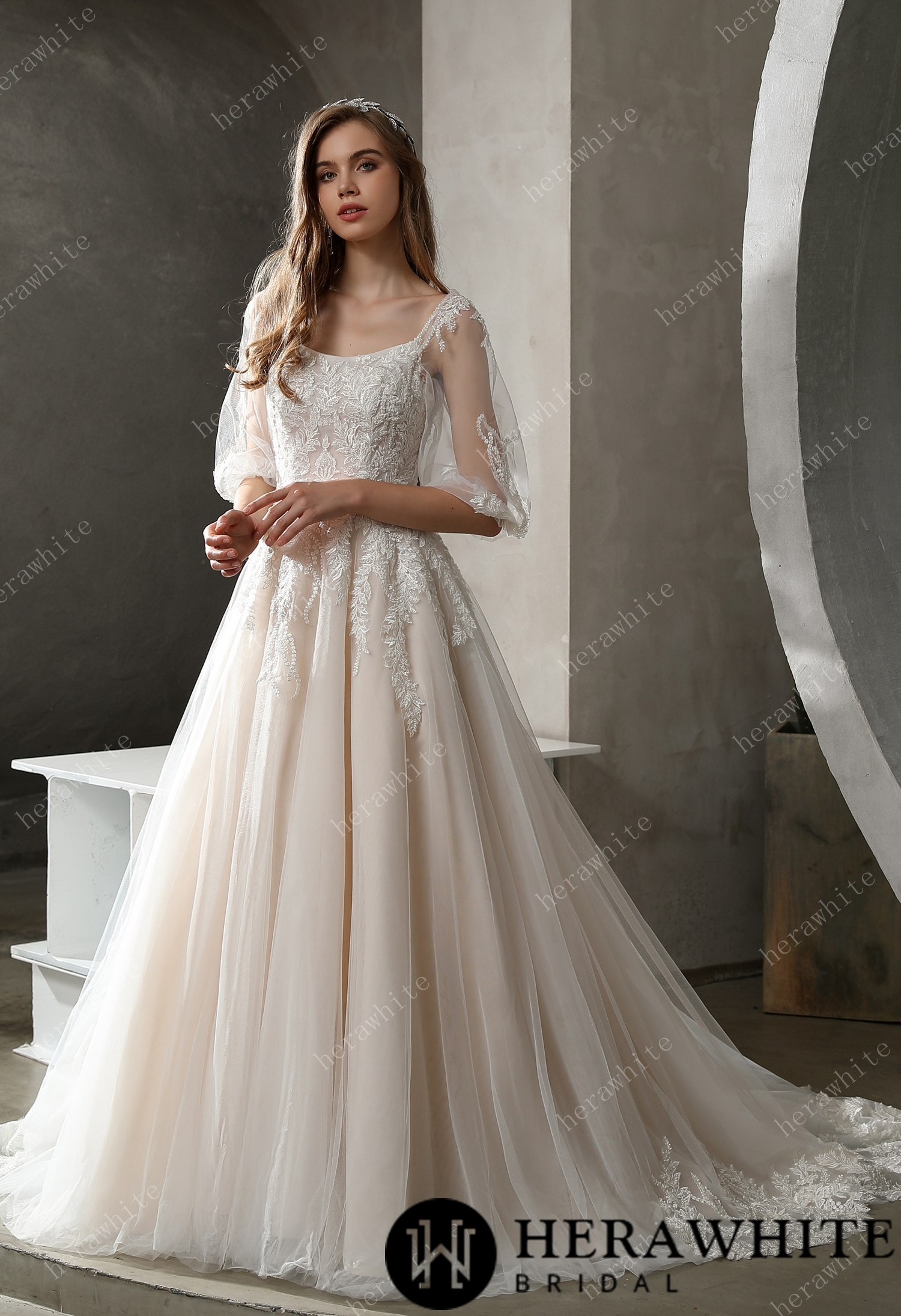 Beaded Lace A-line Wedding Gown with Scoop Neckline