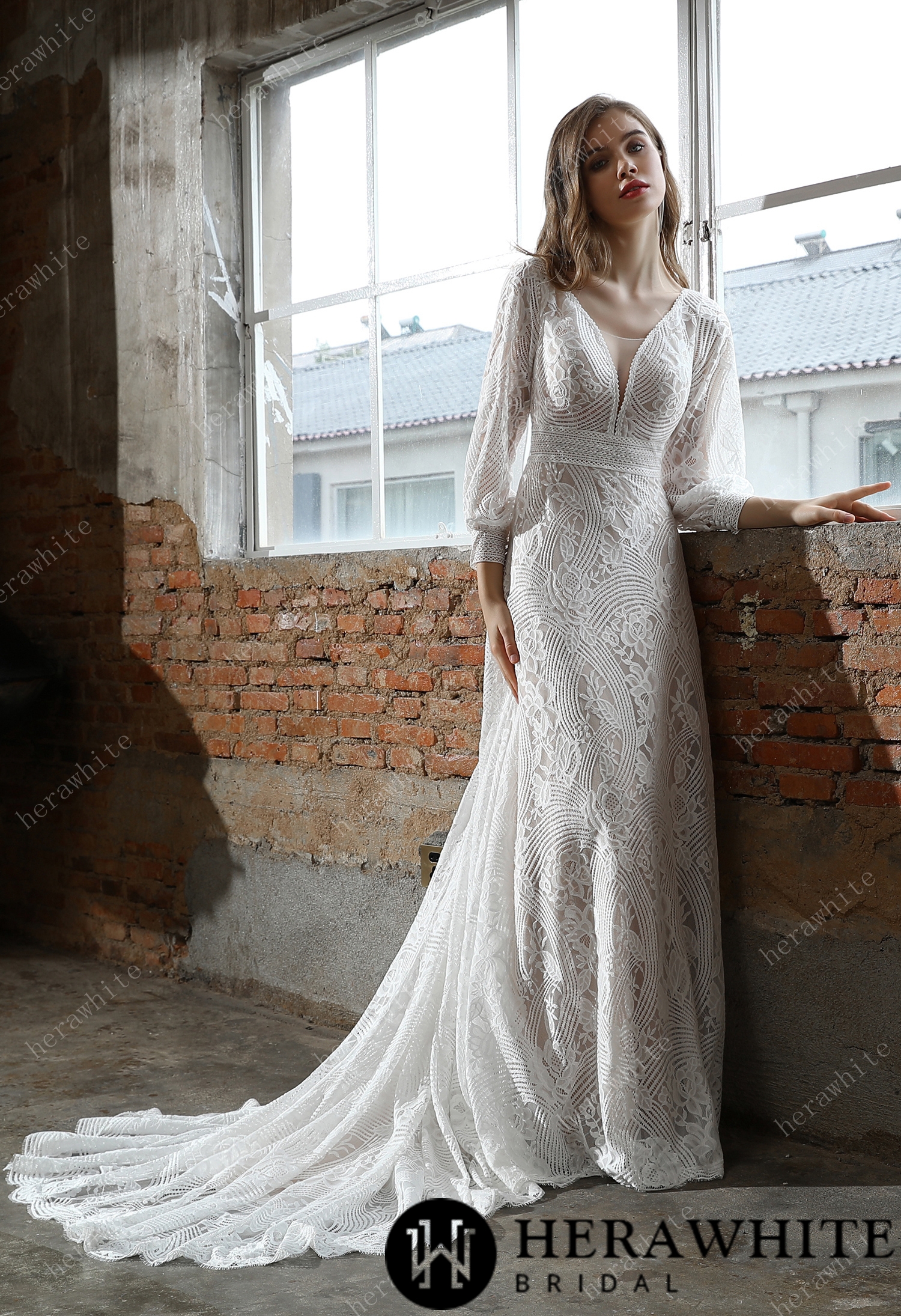 Unique Plunging V-neck Lace Bohemian wedding Dress