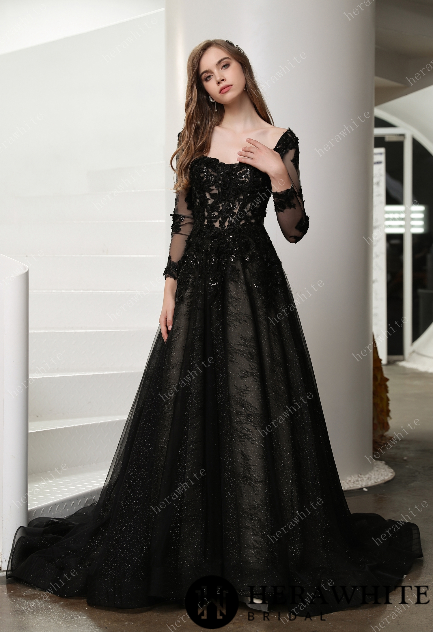 Black Illusion Lace Wedding Dress with Detachable Long Sleeves