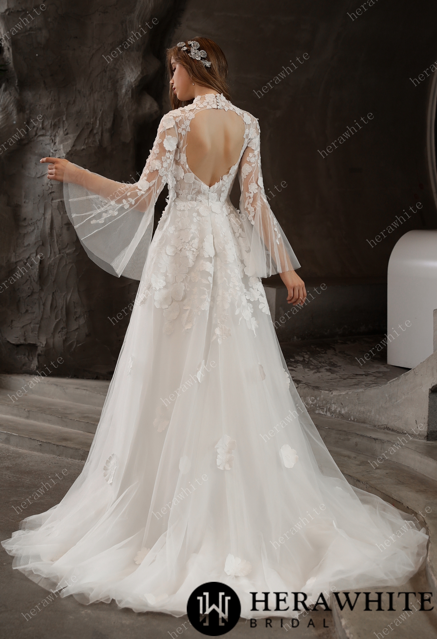 High Neck 3D Flowers Flare Sleeves Tulle Key Hole Court Train Wedding Dress