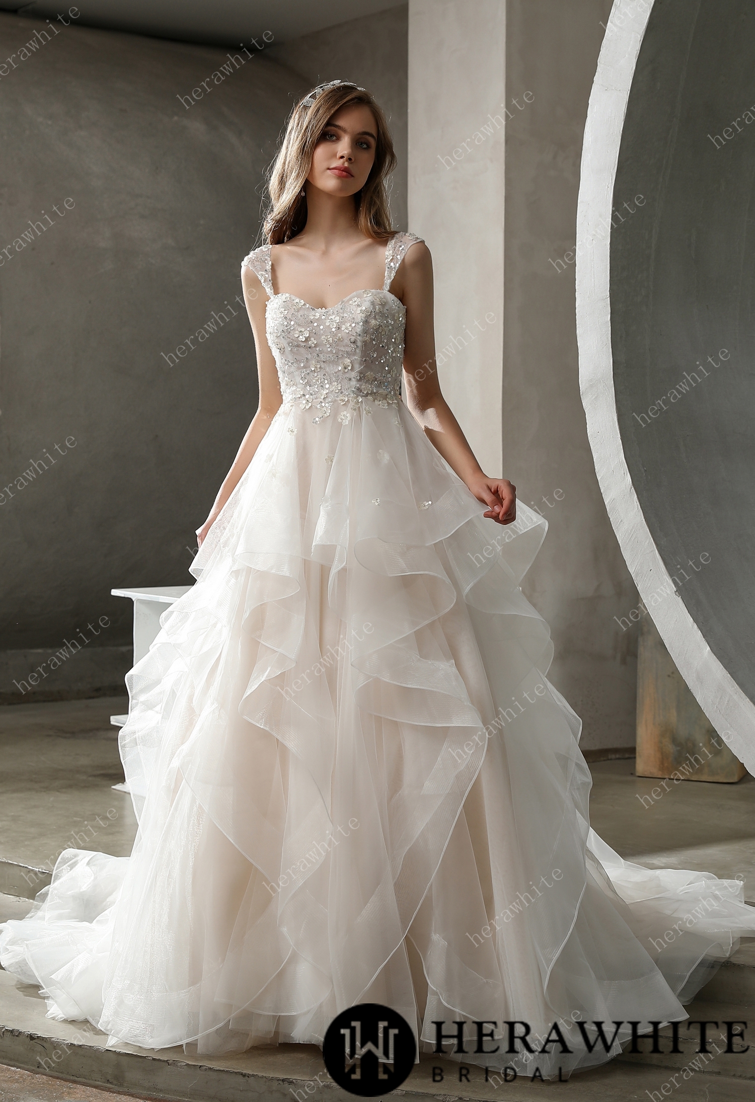 Beaded Tulle Ruffled Ball Gown with Dreamy Details