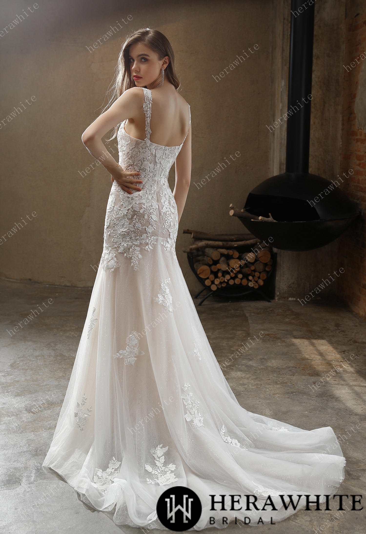 Square Neckline Lace Straps Mermaid Wedding Dress