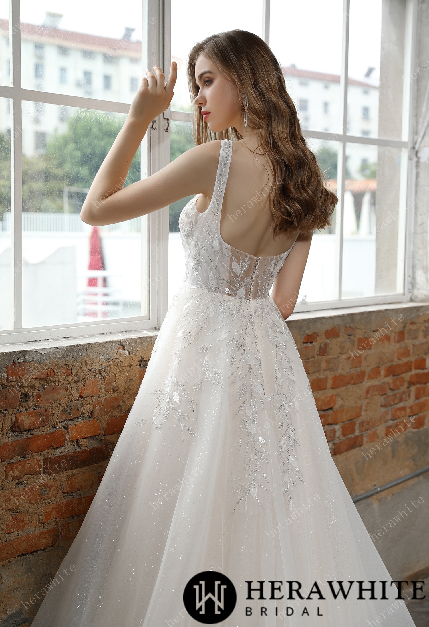 Square Neckline Delicate Leafy Lace Wedding Dress