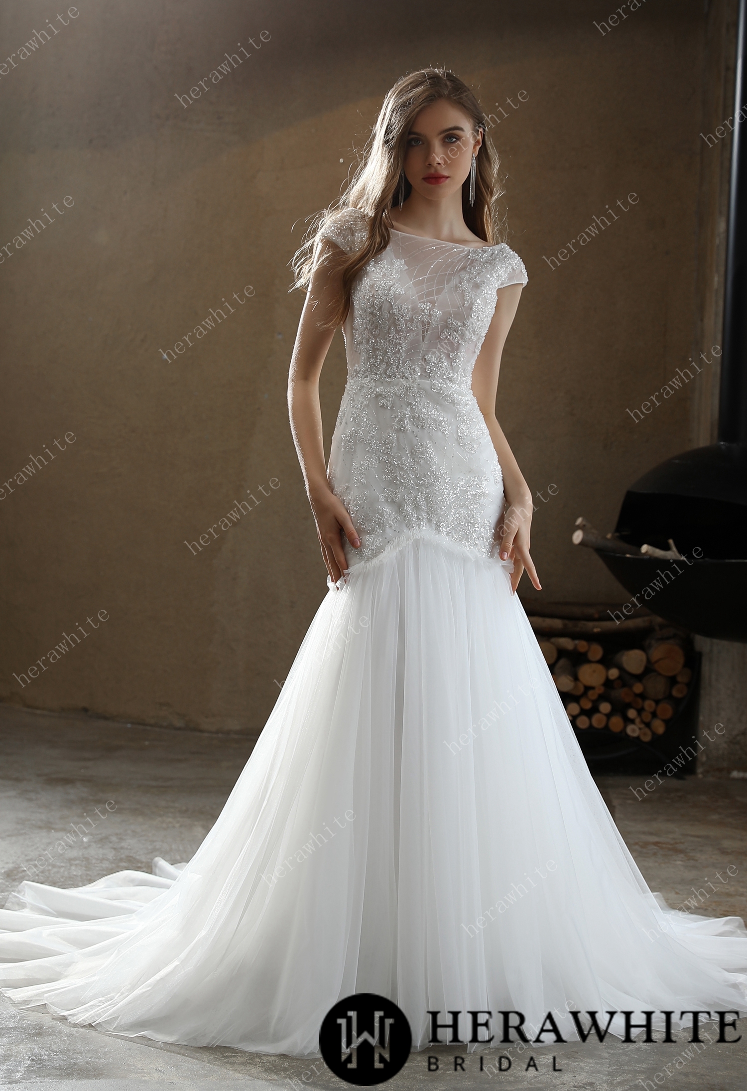 Illusion Bateau Neckline Beaded Mermaid Wedding Dress