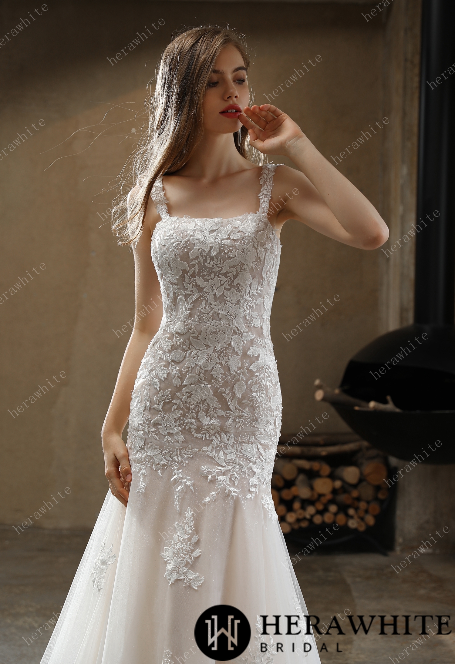 Square Neckline Lace Straps Mermaid Wedding Dress