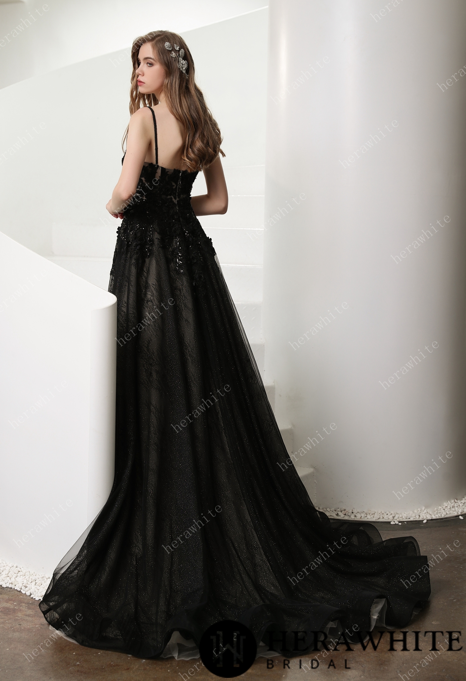 Black Illusion Lace Detachable Long Sleeves Wedding Dress