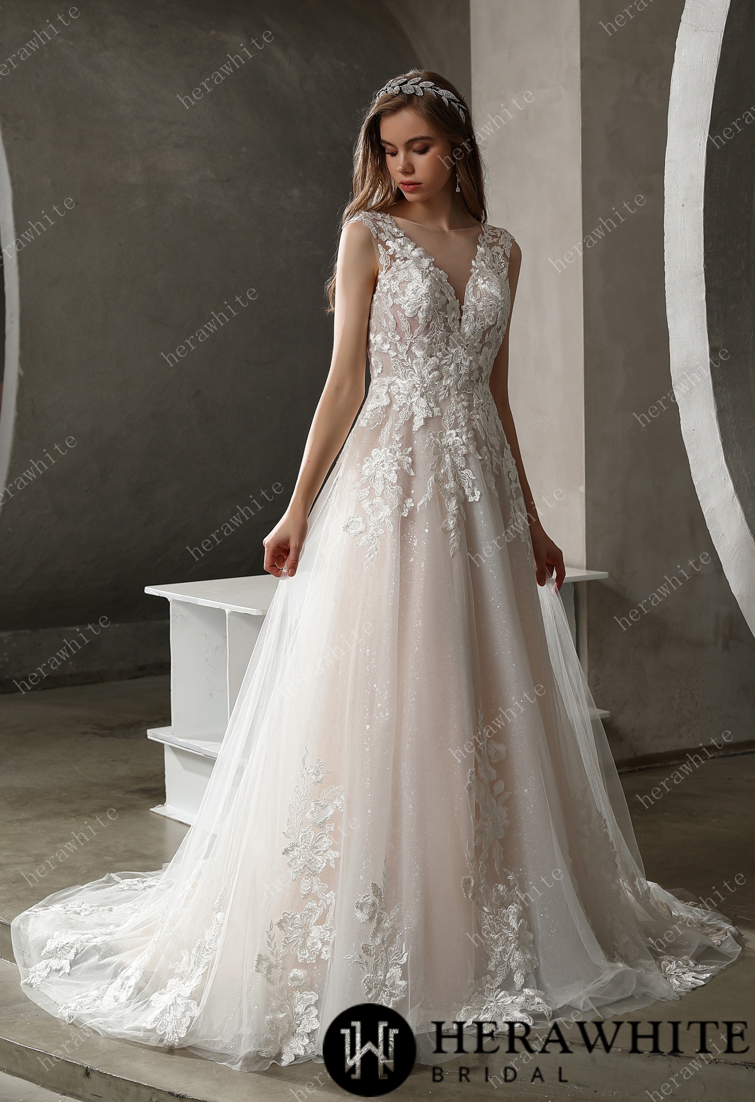 Sparkly Tulle and Lace A-Line Bridal Gown with Bateau Neckline