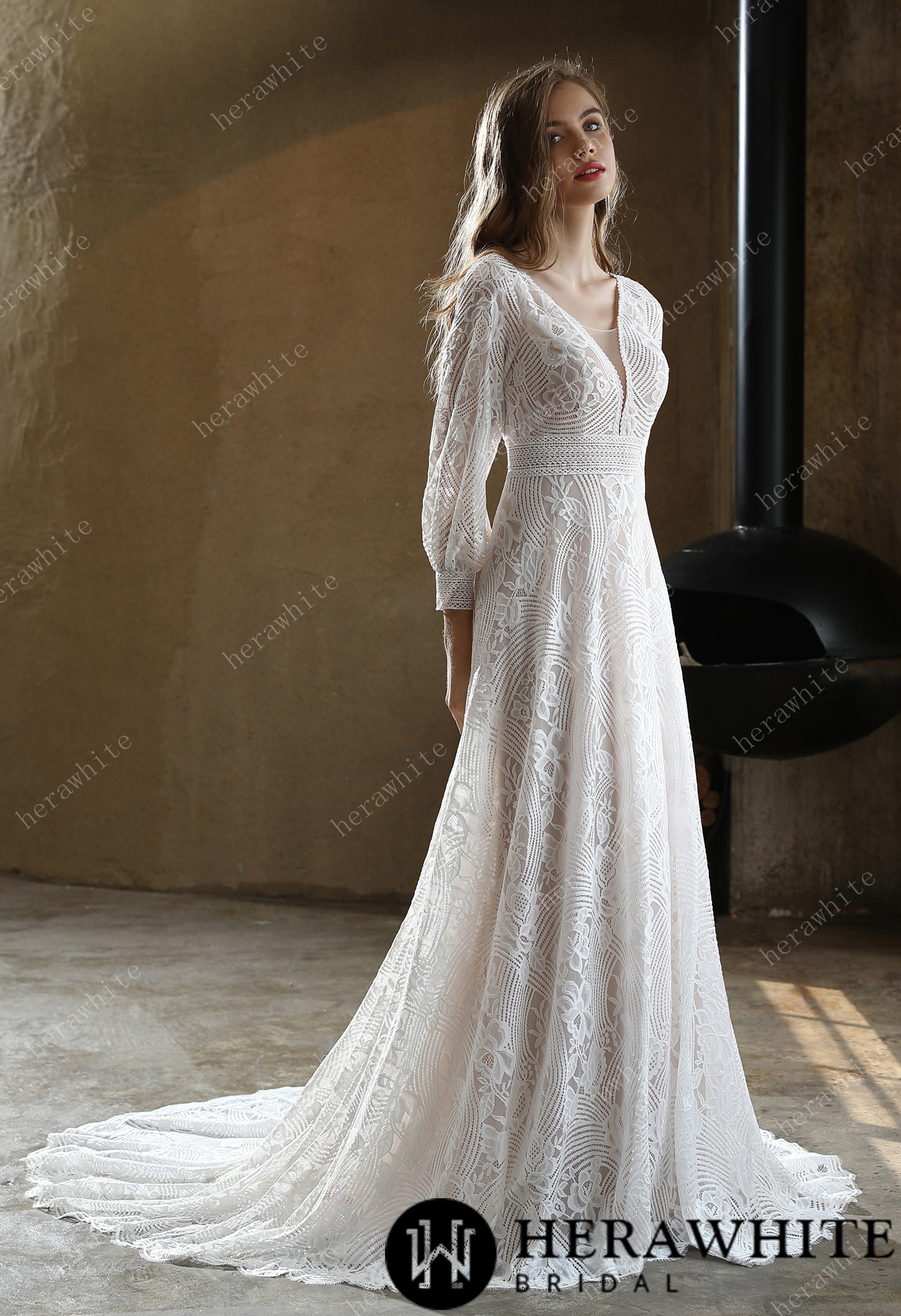 Unique Plunging V-neck Lace Bohemian wedding Dress