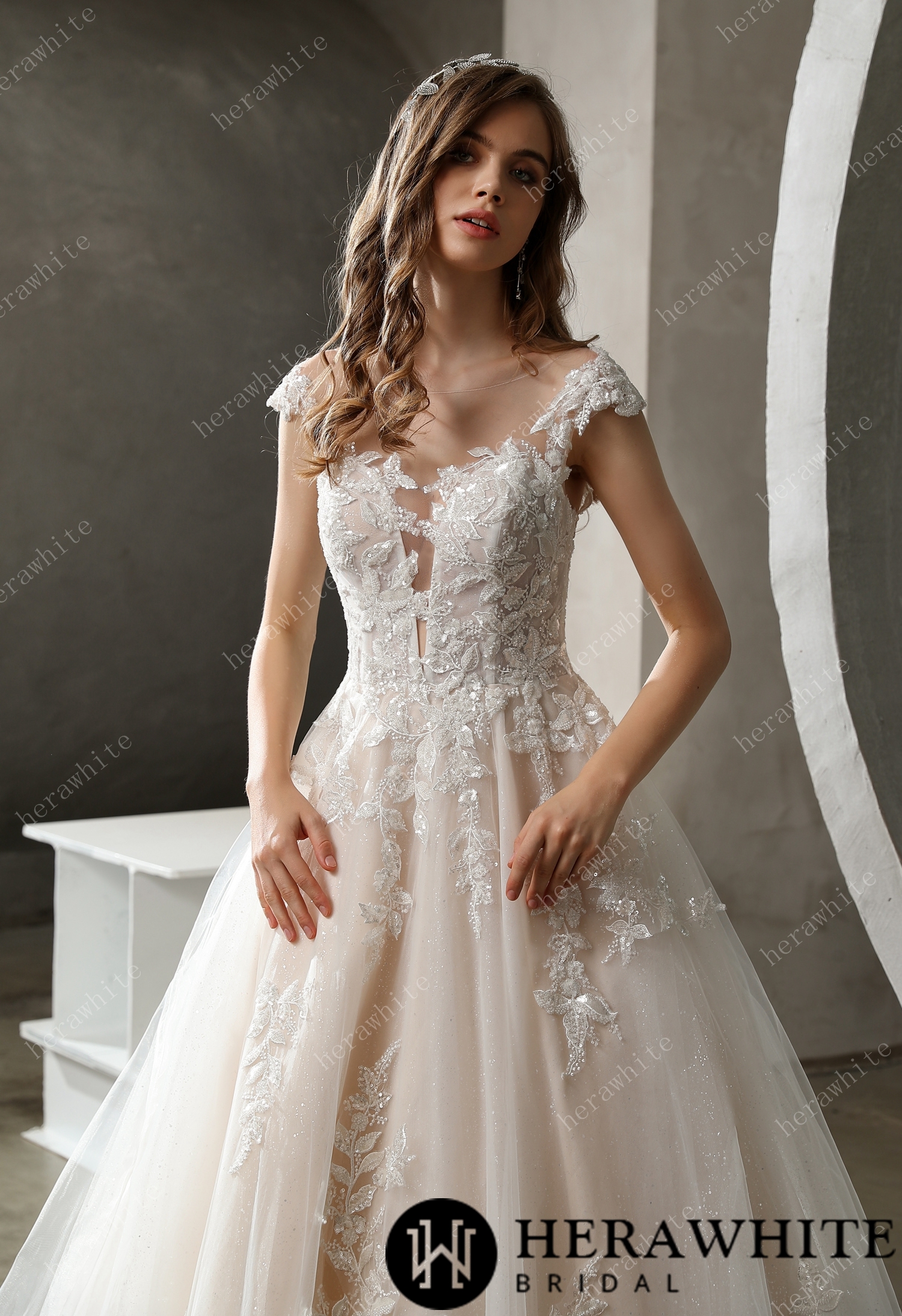 White Lace A-line Illusion Neck Wedding Dresses, MW563