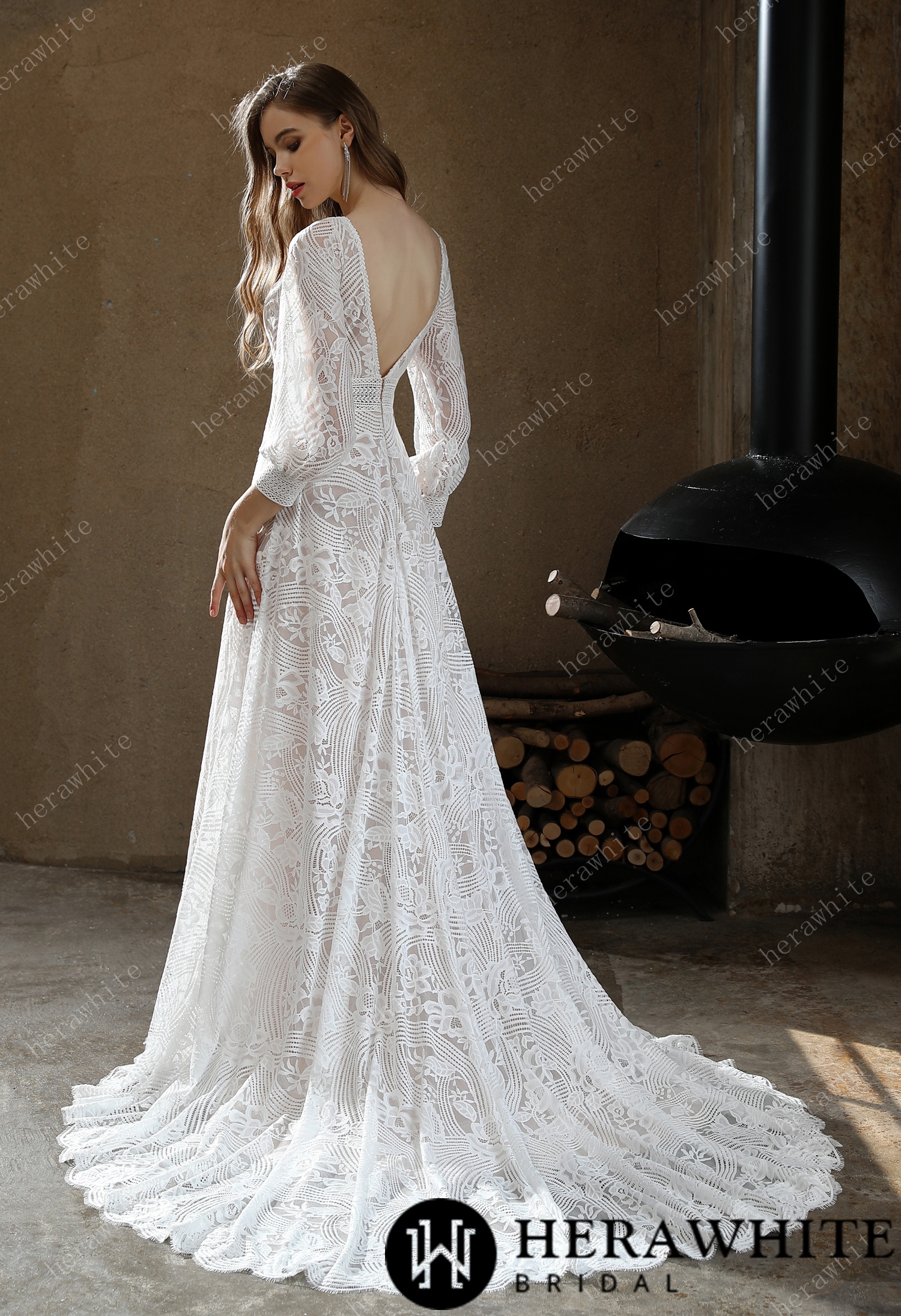 Unique Plunging V-neck Lace Bohemian wedding Dress