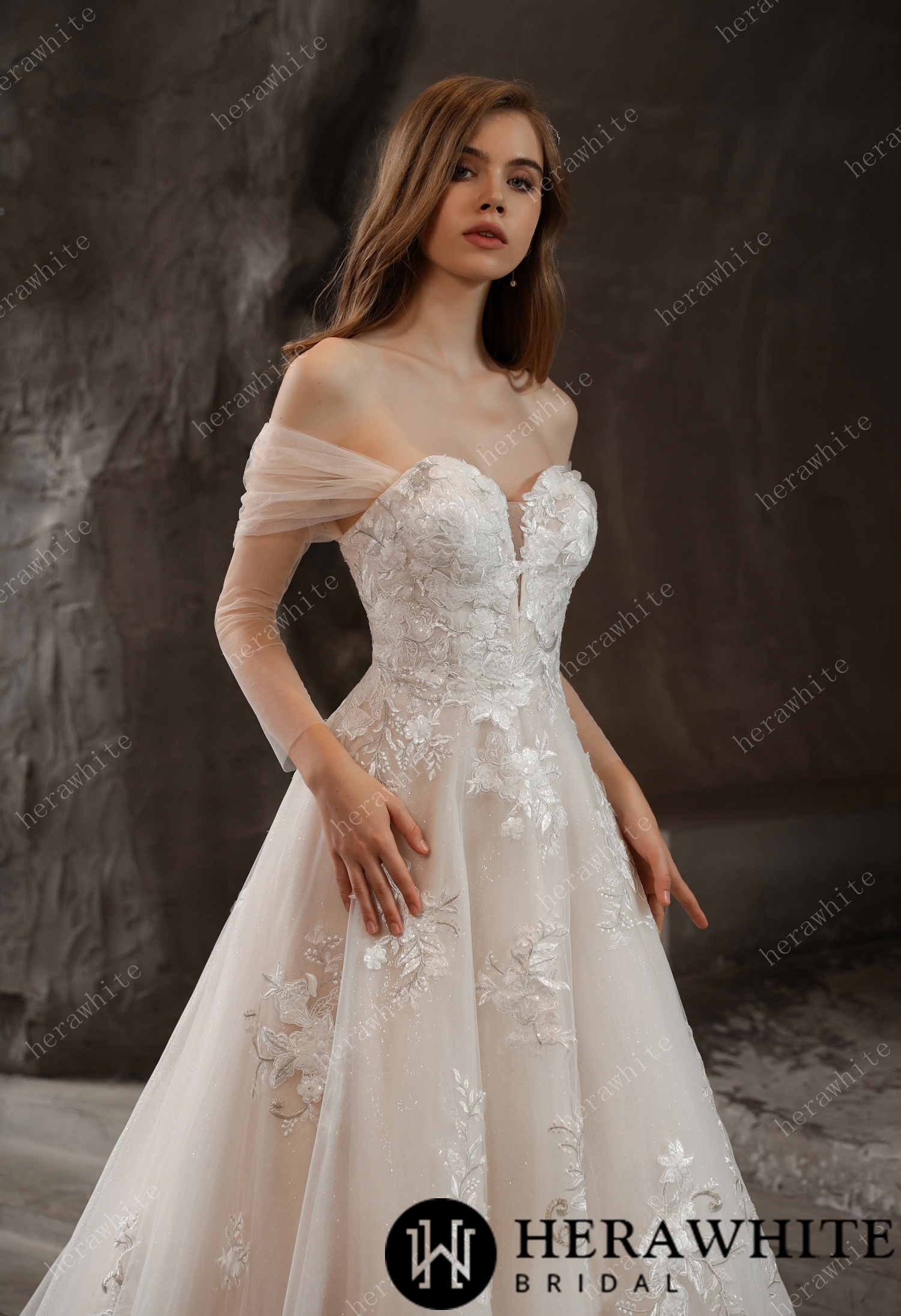 Off-the-Shoulder Romantic Ballgown Glamorous Floral Motifs Wedding Dress