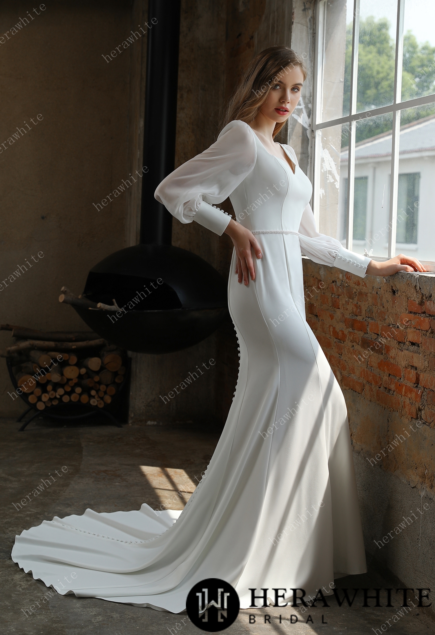 Classic Fit and Flare Wedding Gown with Puff Chiffon Sleeves