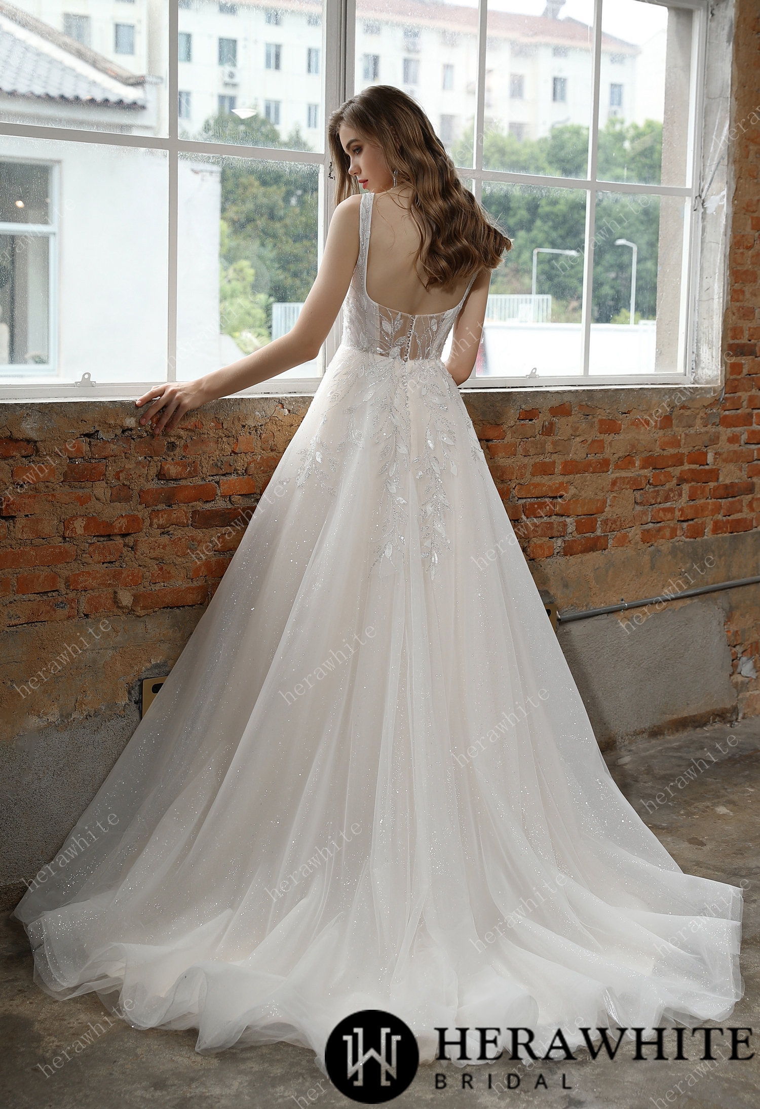 Square Neckline Delicate Leafy Lace Wedding Dress