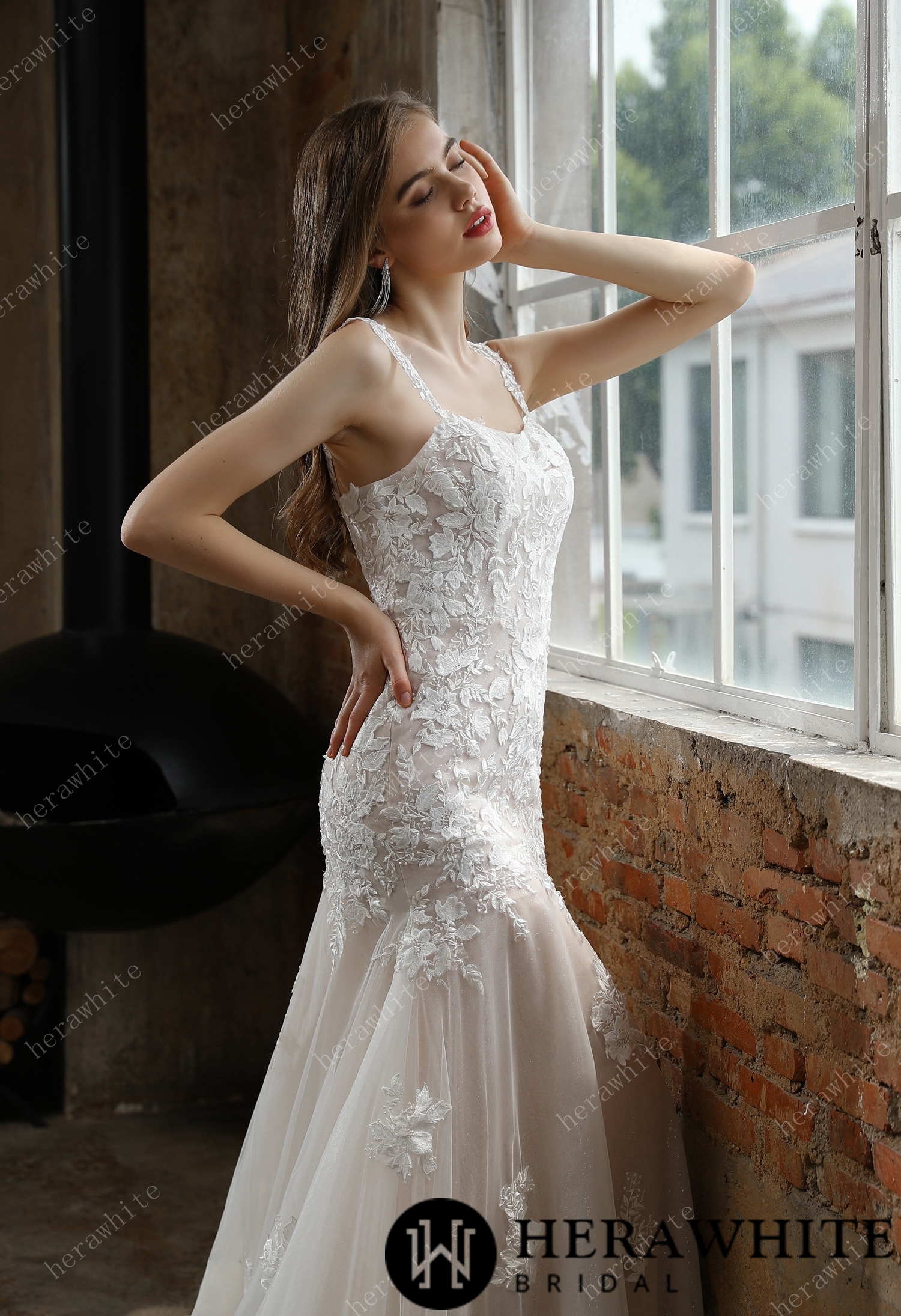 Square Neckline Lace Straps Mermaid Wedding Dress