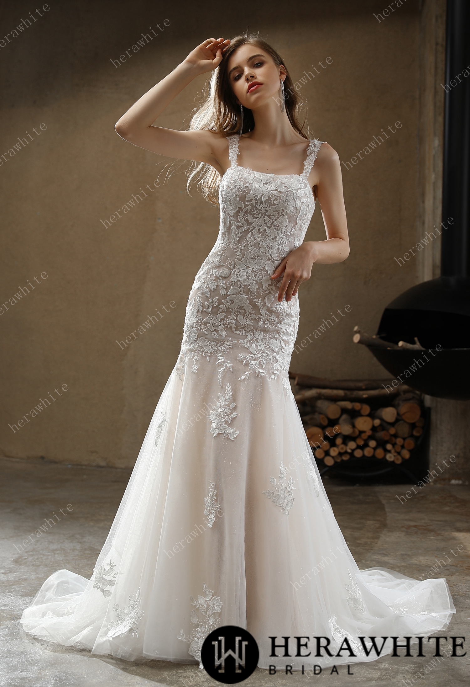 Square Neckline Lace Straps Mermaid Wedding Dress