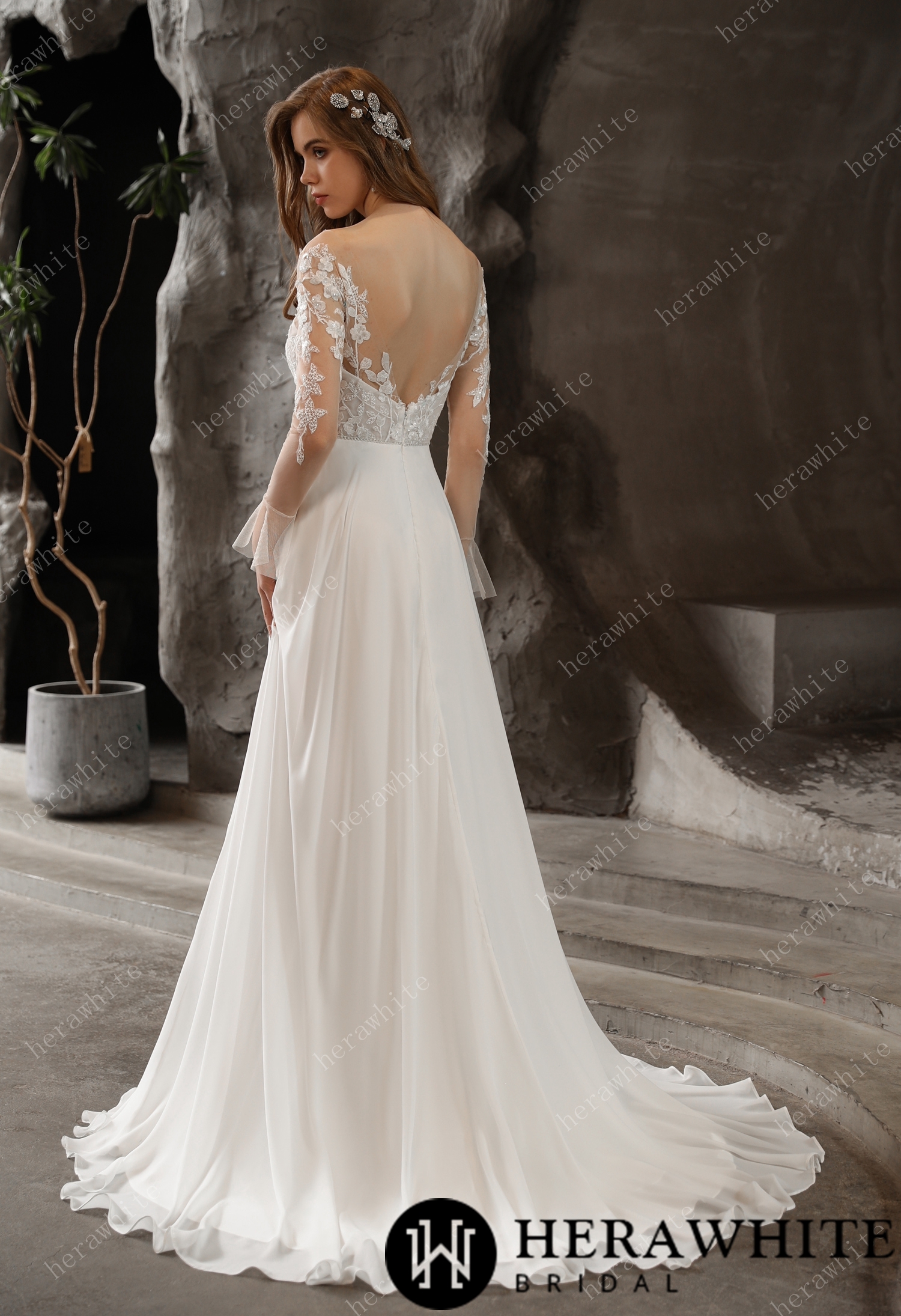 Chiffon Illusion Lace Dreamy A-line Slit Sweep Train Wedding Dress